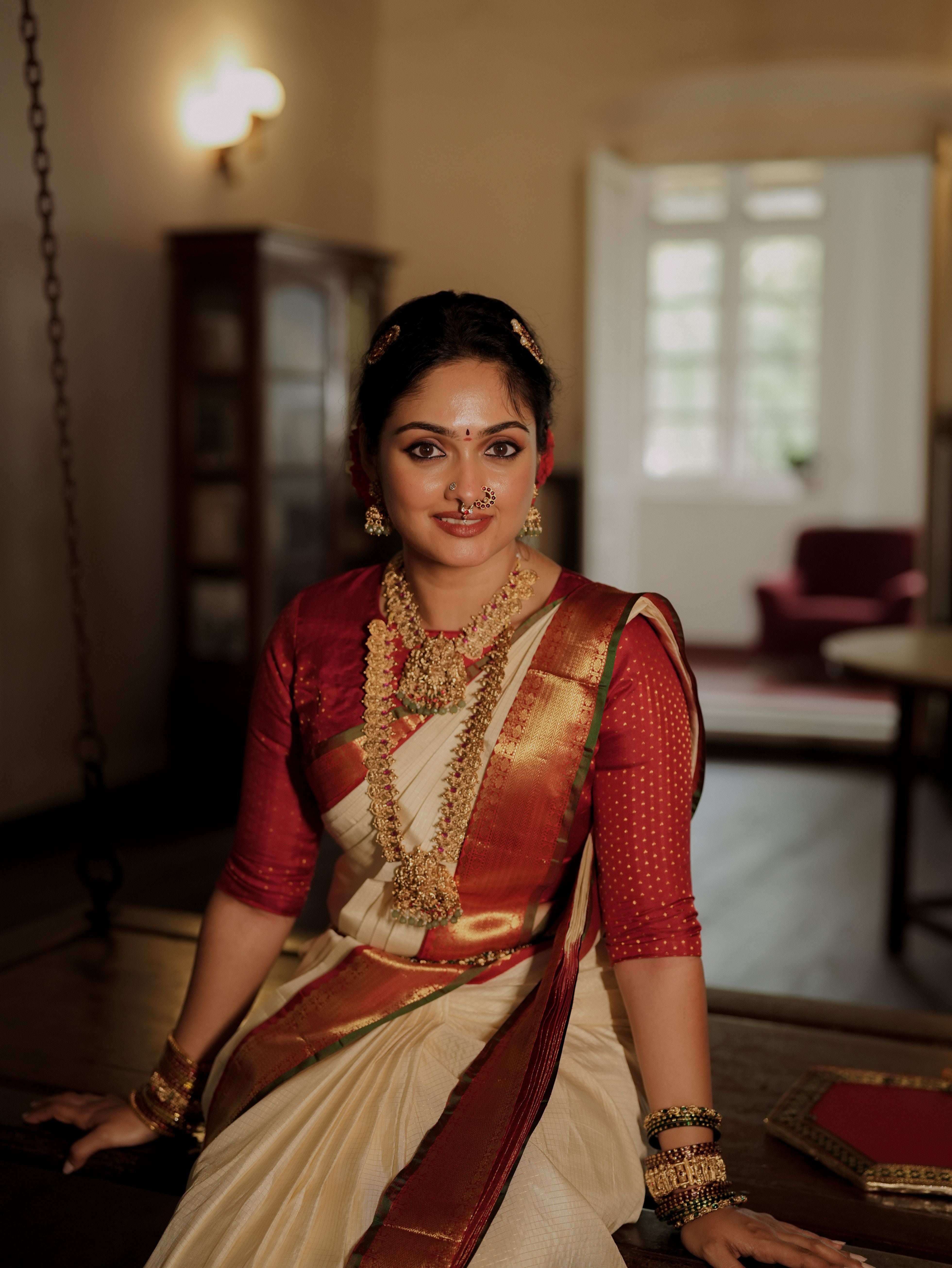 Off White and Red Kanjivaram Silk Saree