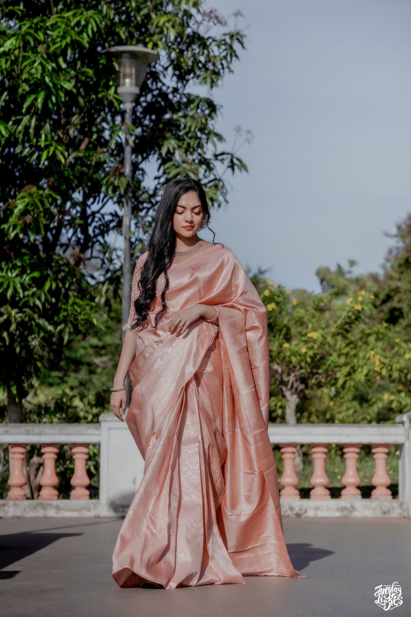 Peach coloured platinum zari Kanjivaram silk sari