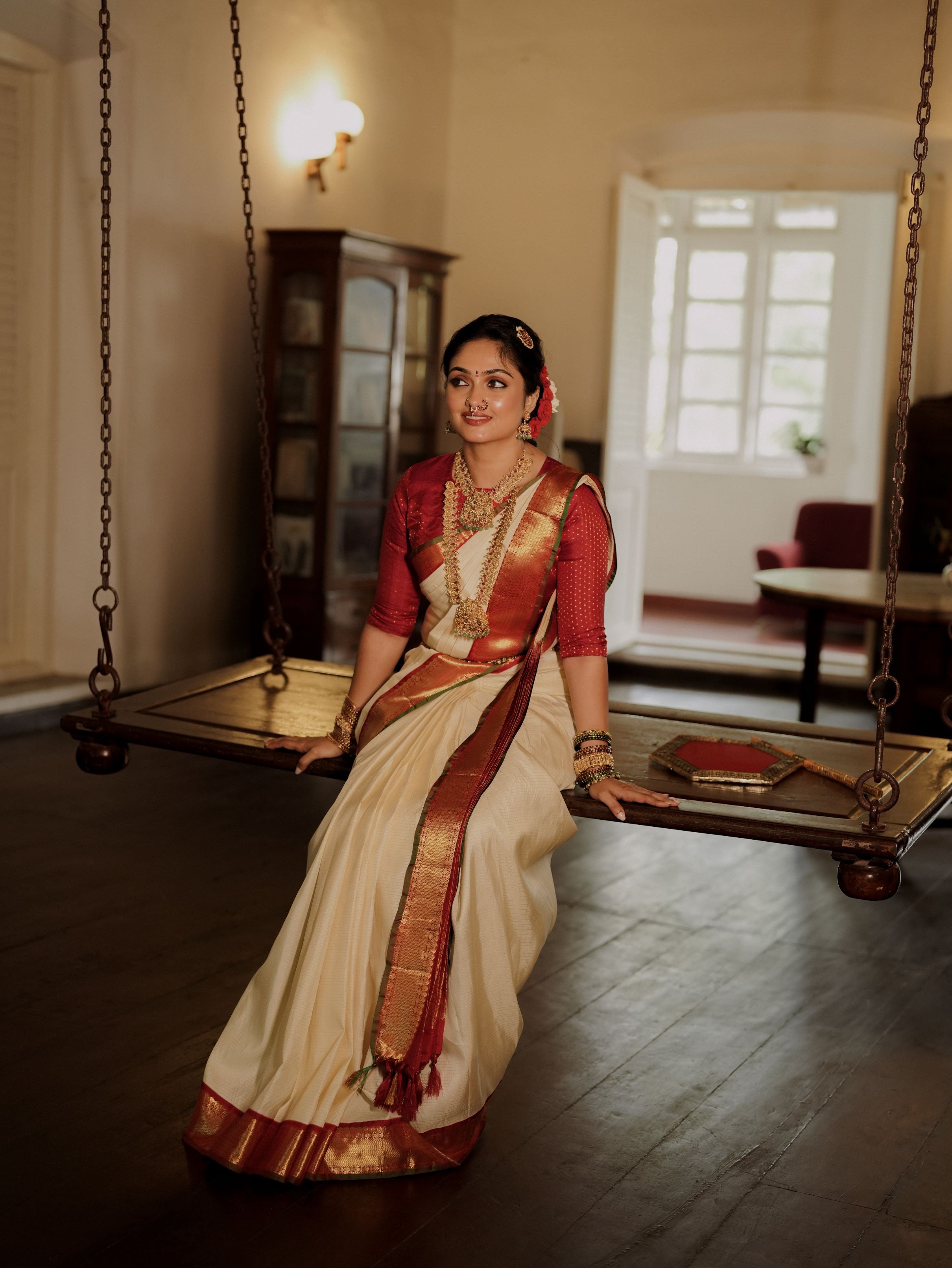 Off White and Red Kanjivaram Silk Saree
