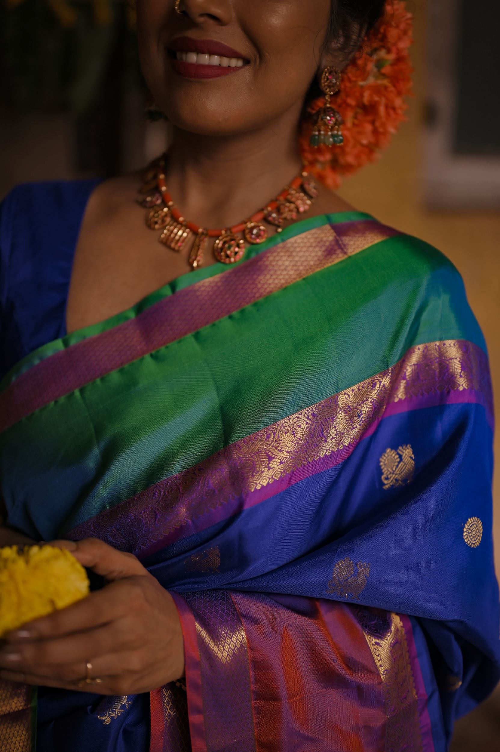 Kanchivaram silk sari in MS blue color