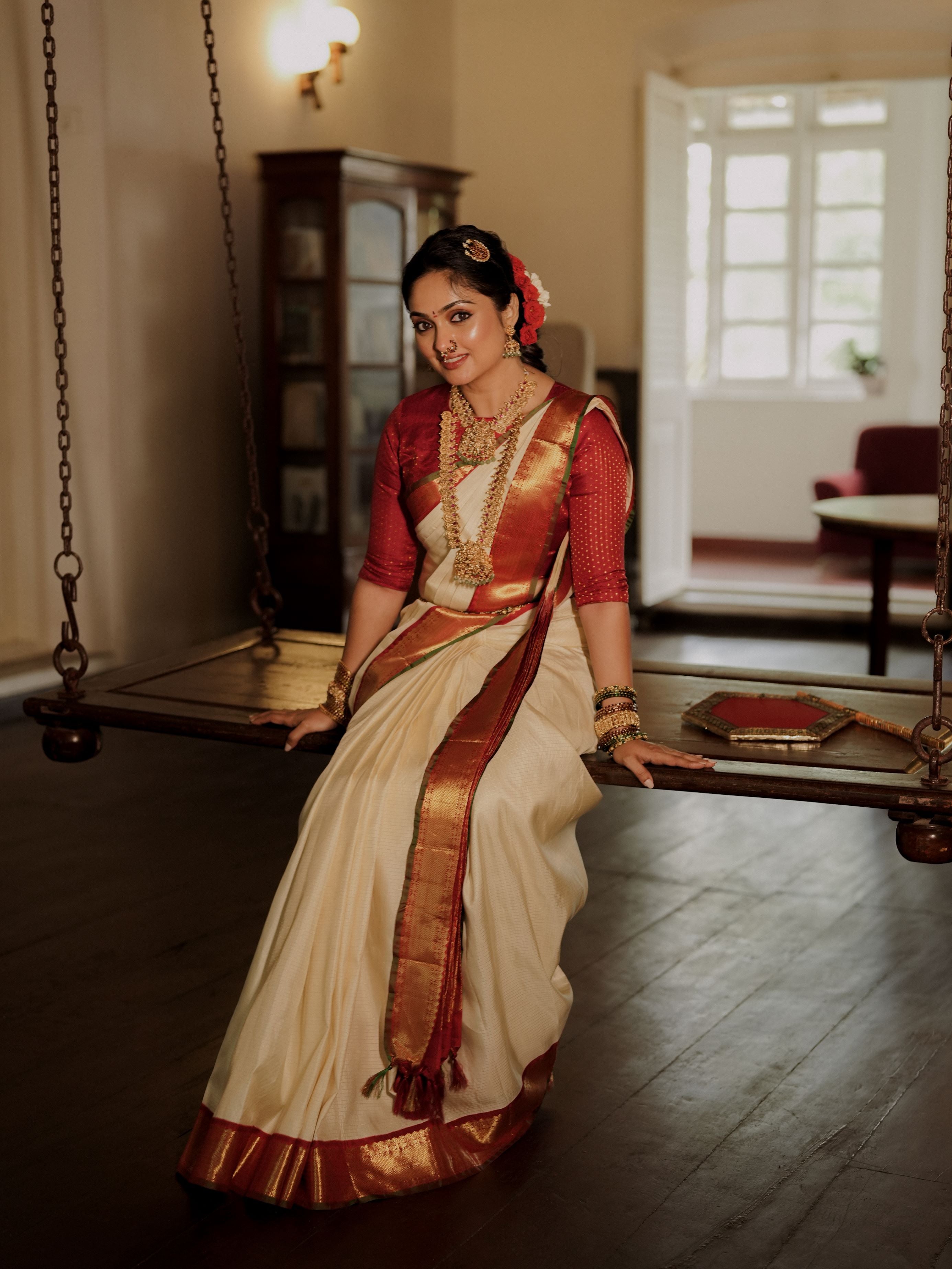 Off White and Red Kanjivaram Silk Saree