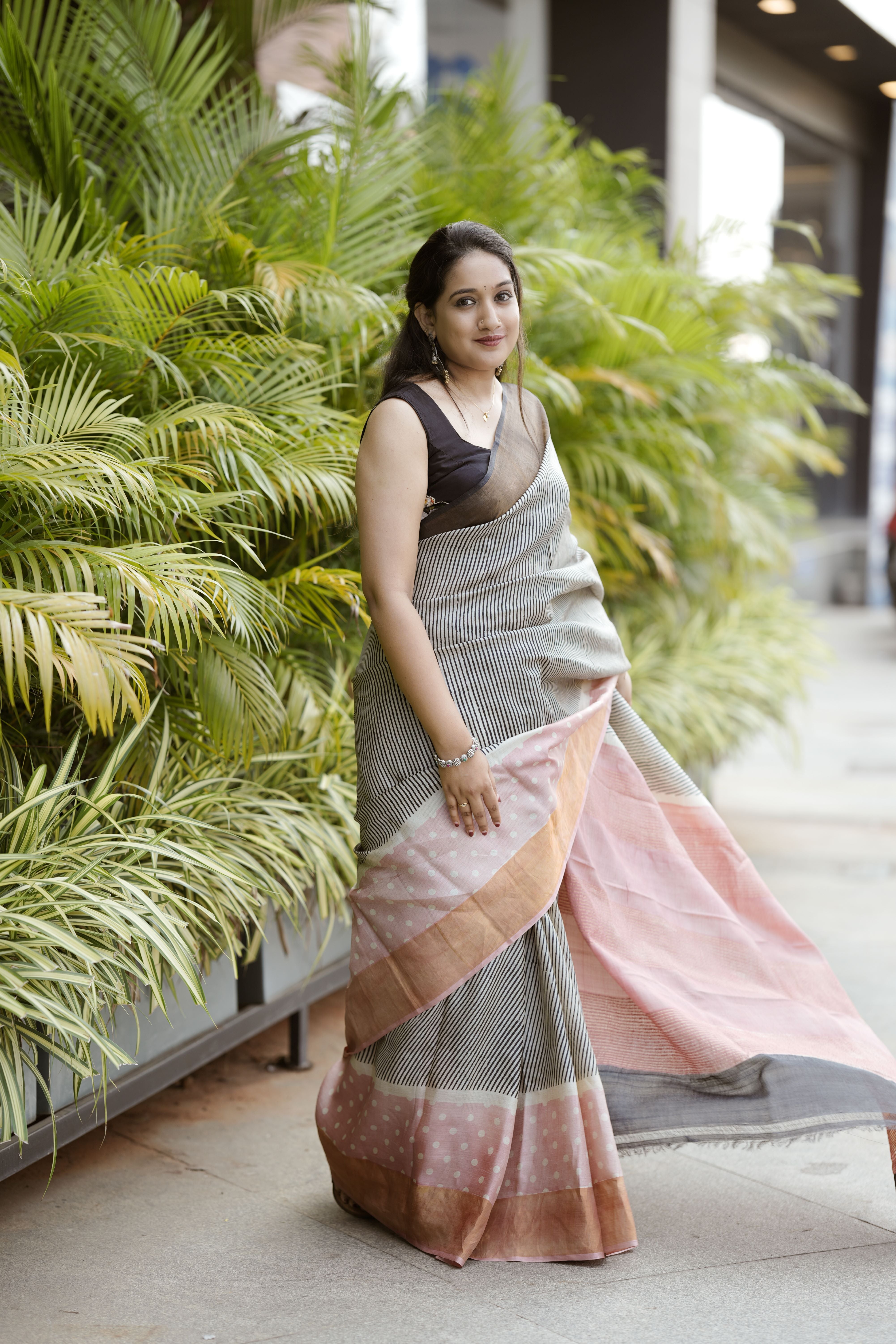 Geometric lines and polka dot tussar