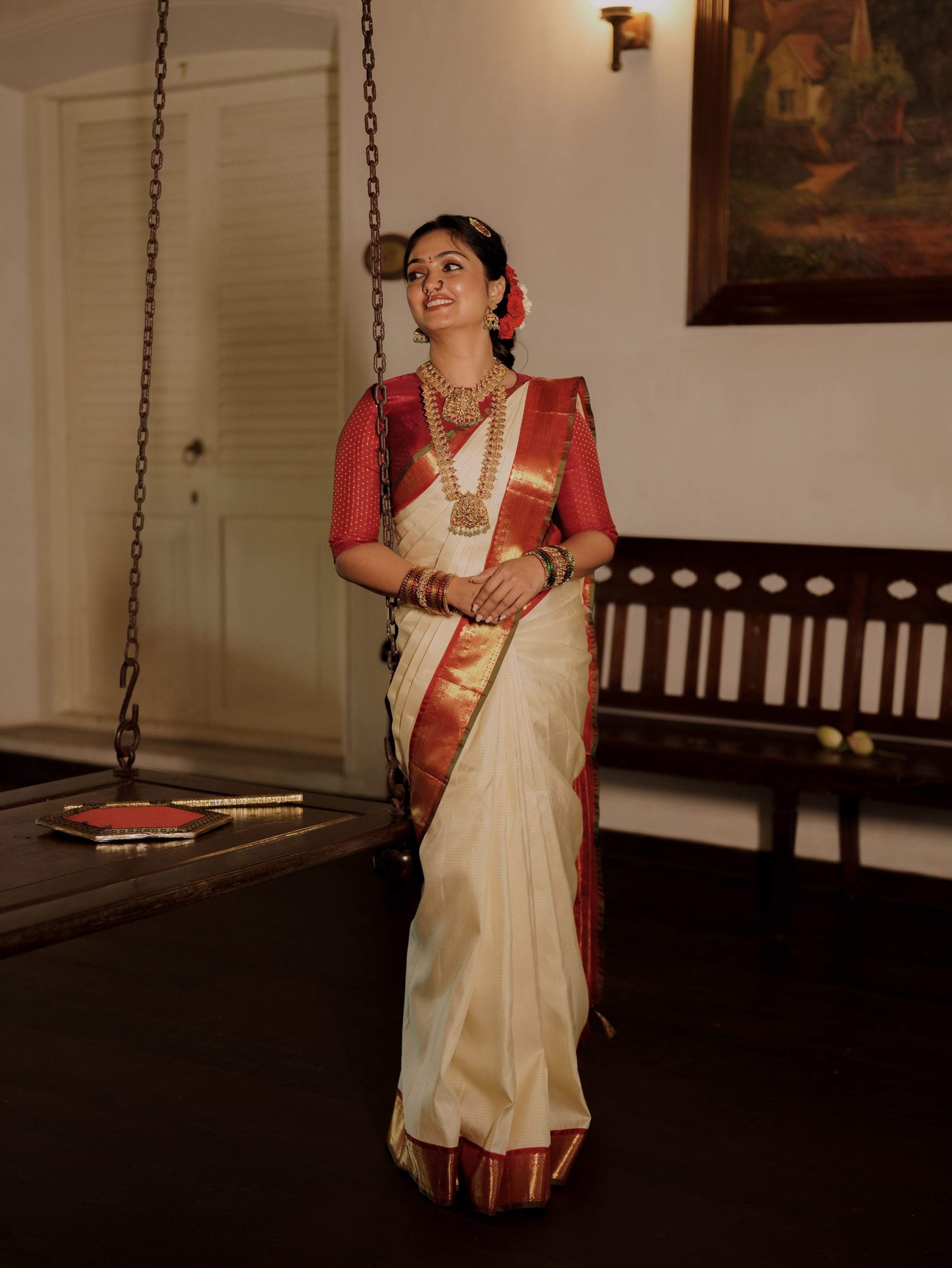 Off White and Red Kanjivaram Silk Saree