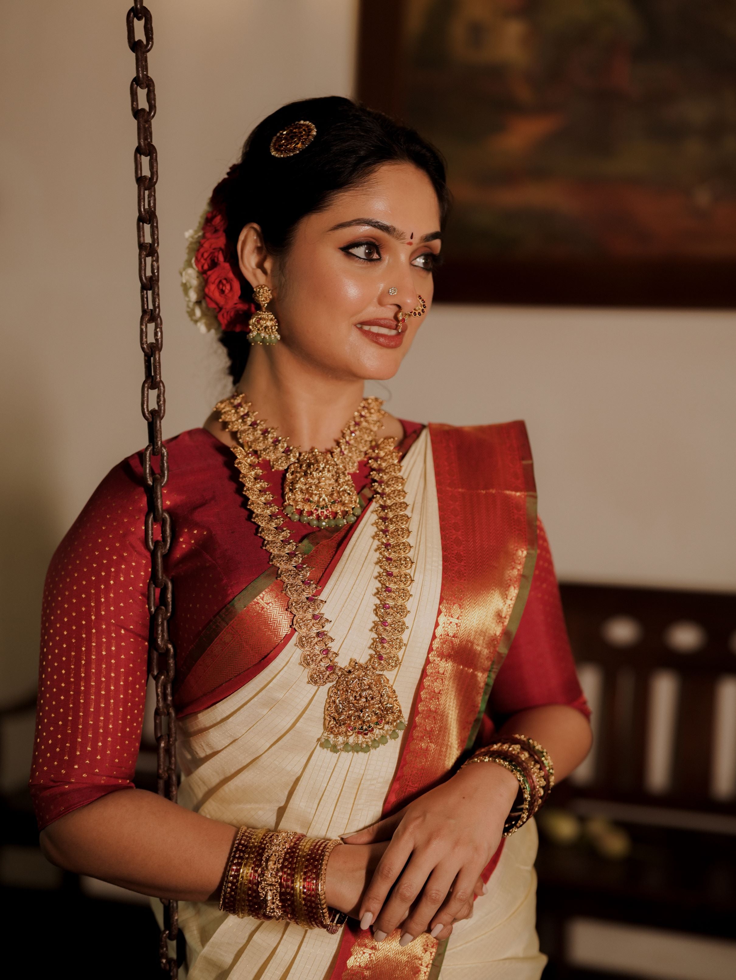 Off White and Red Kanjivaram Silk Saree