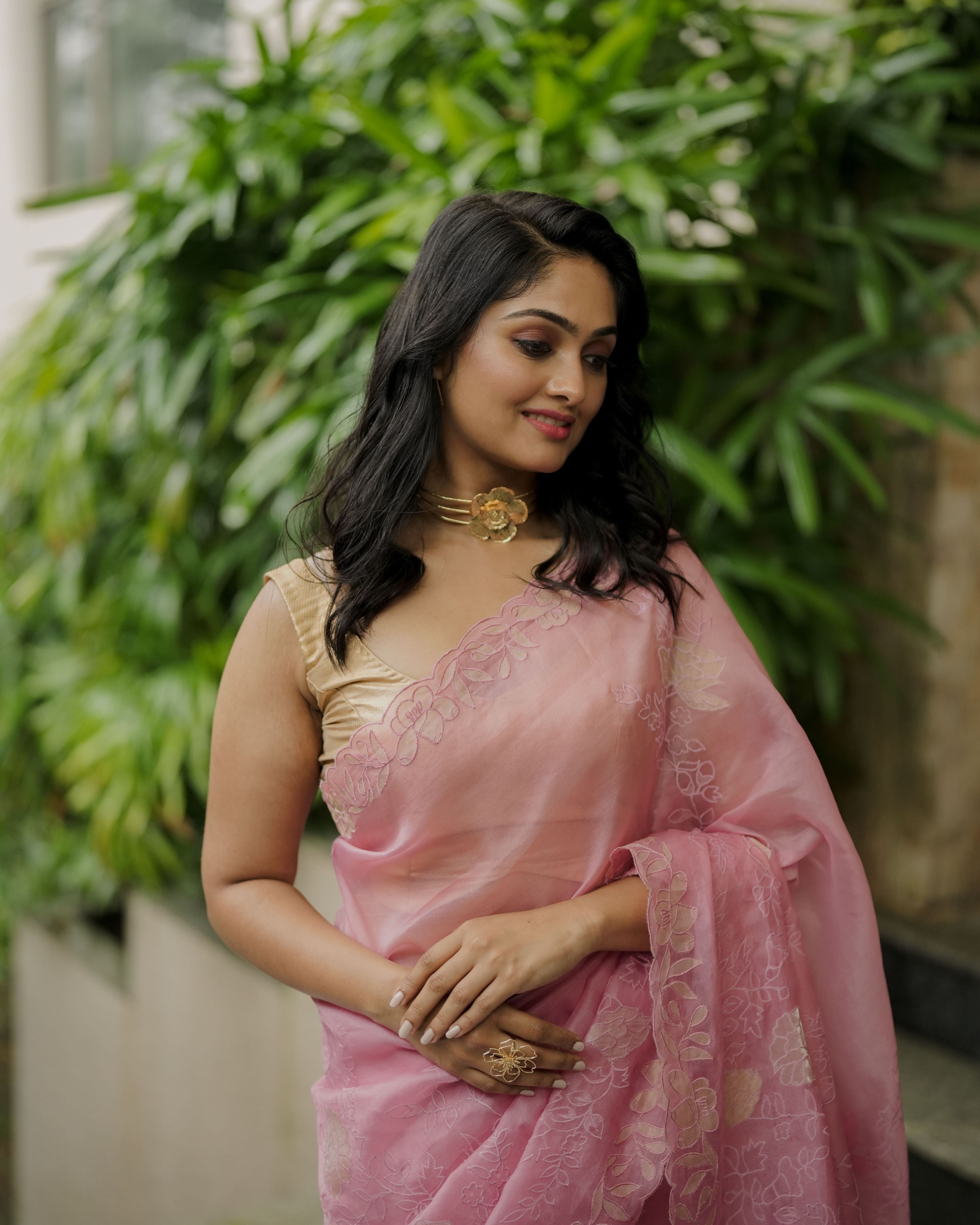 Pink organza silk sari