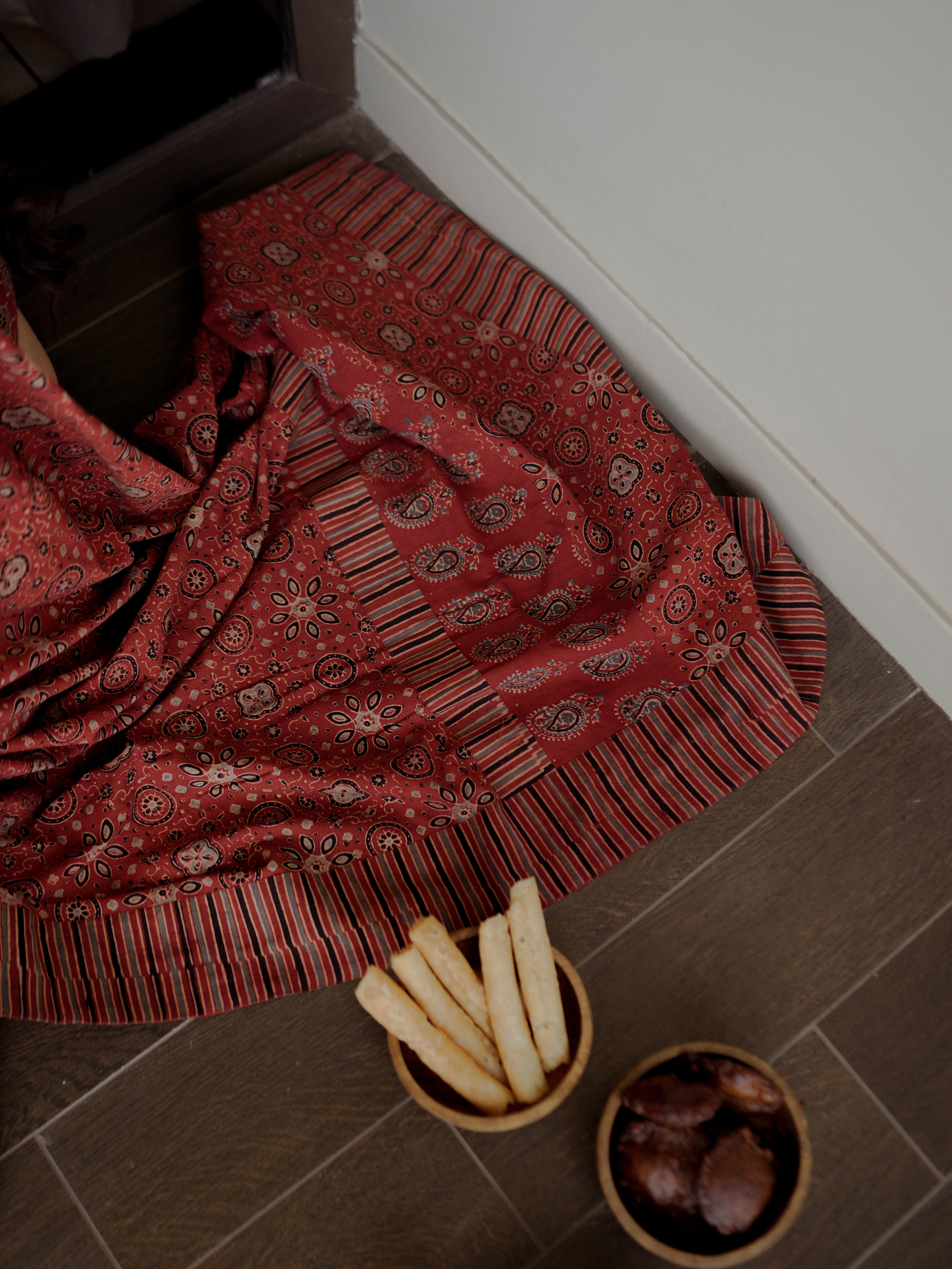 Red Ajrakh cotton sari