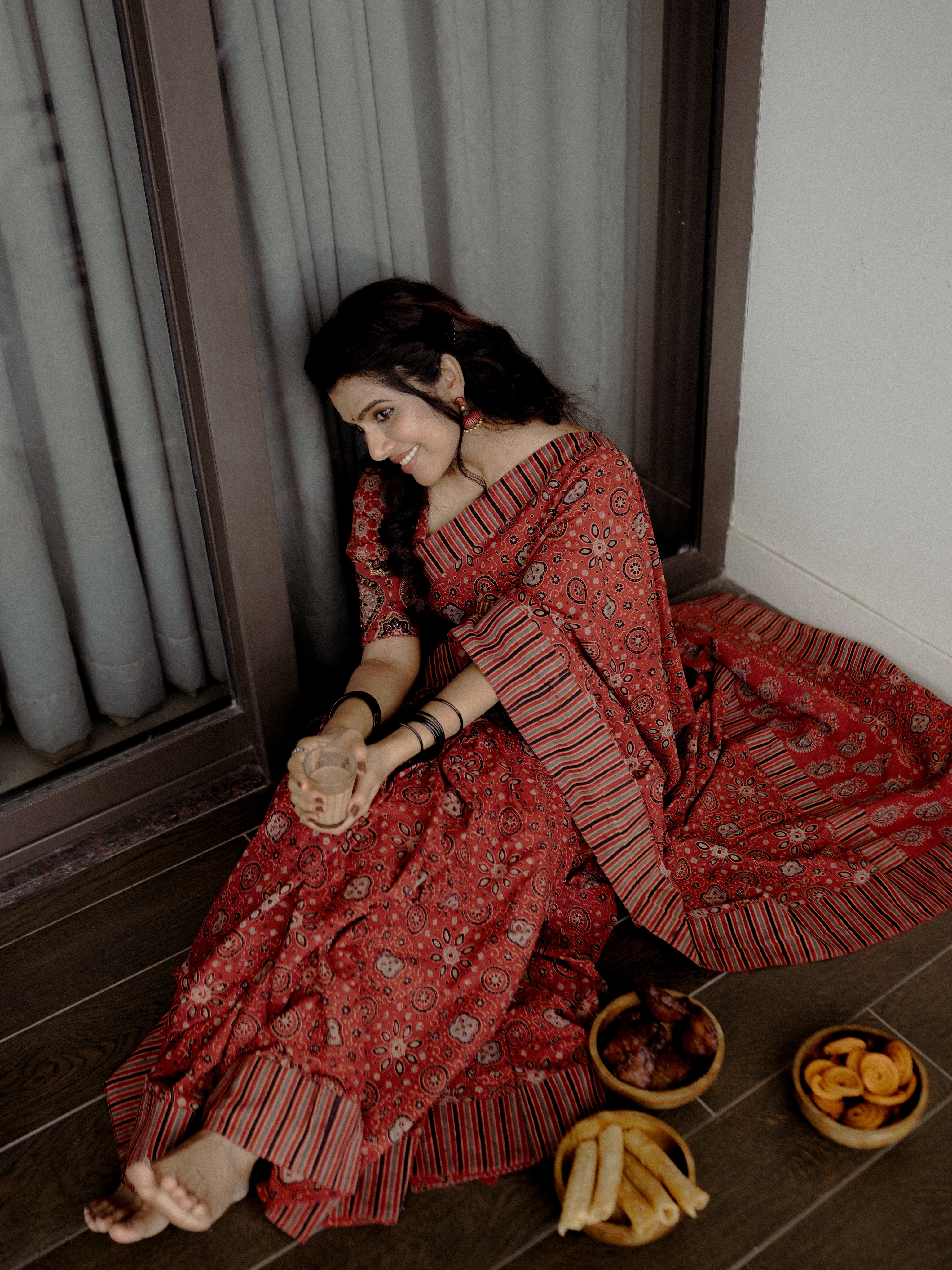 Red Ajrakh cotton sari