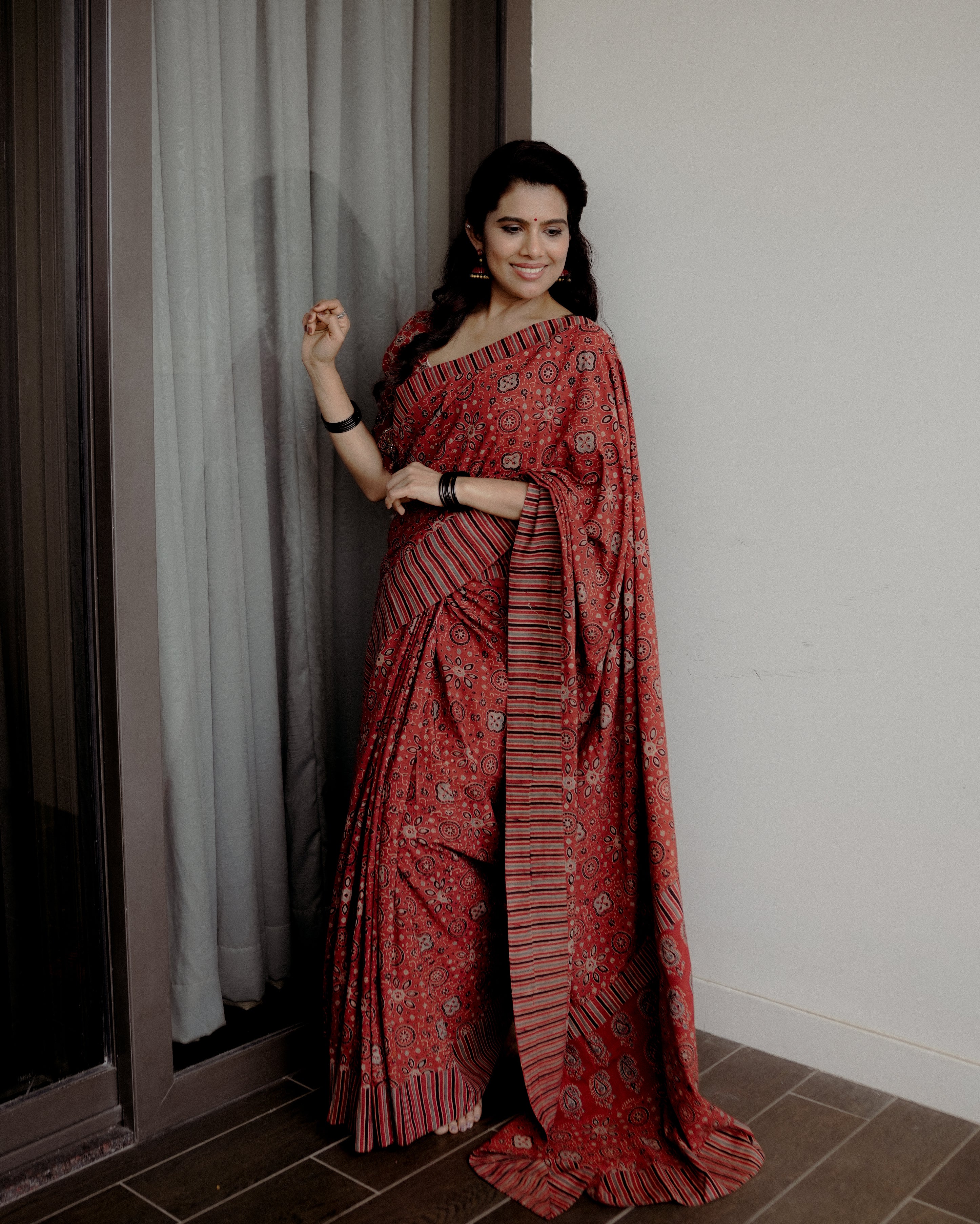 Red Ajrakh cotton sari