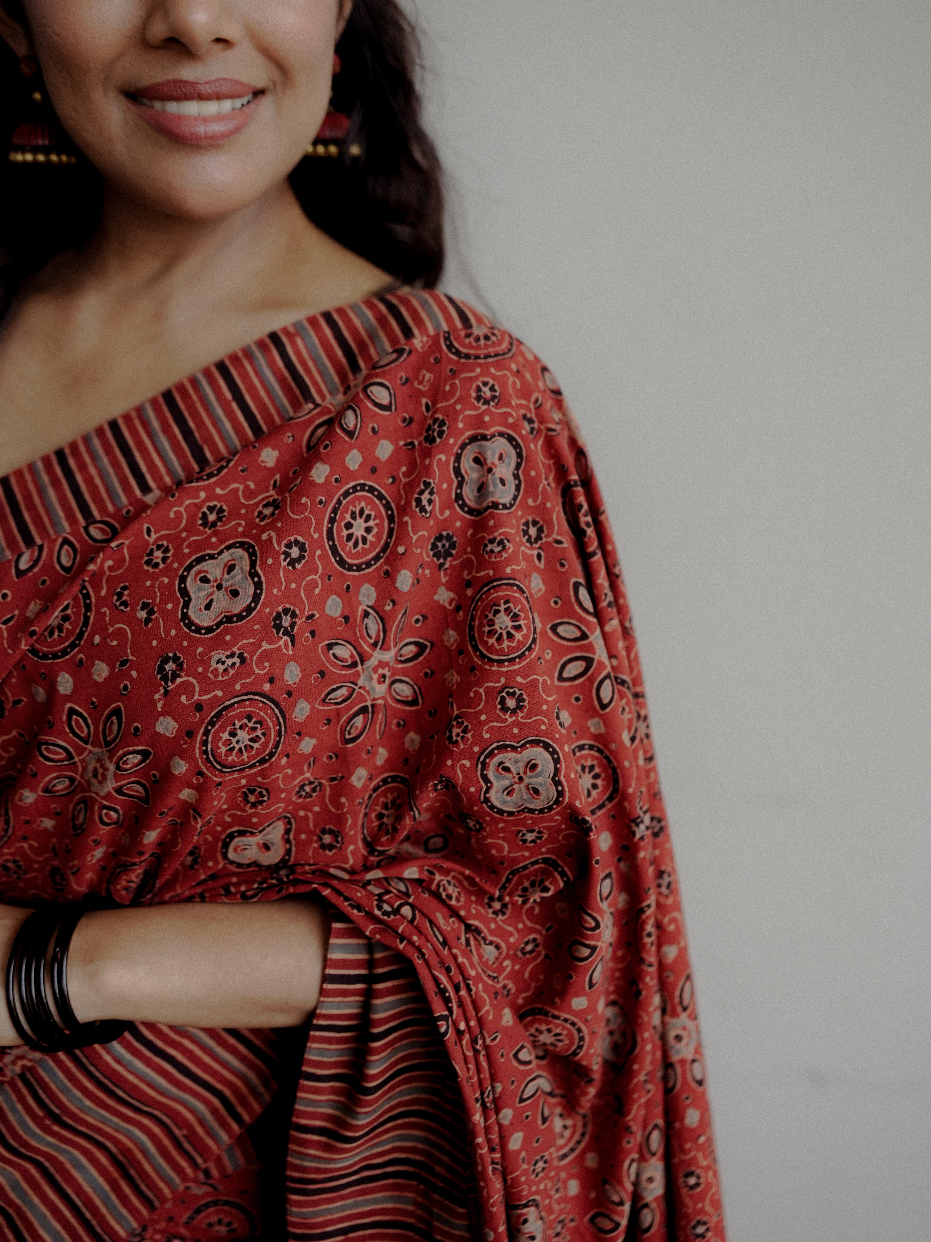 Red Ajrakh cotton sari