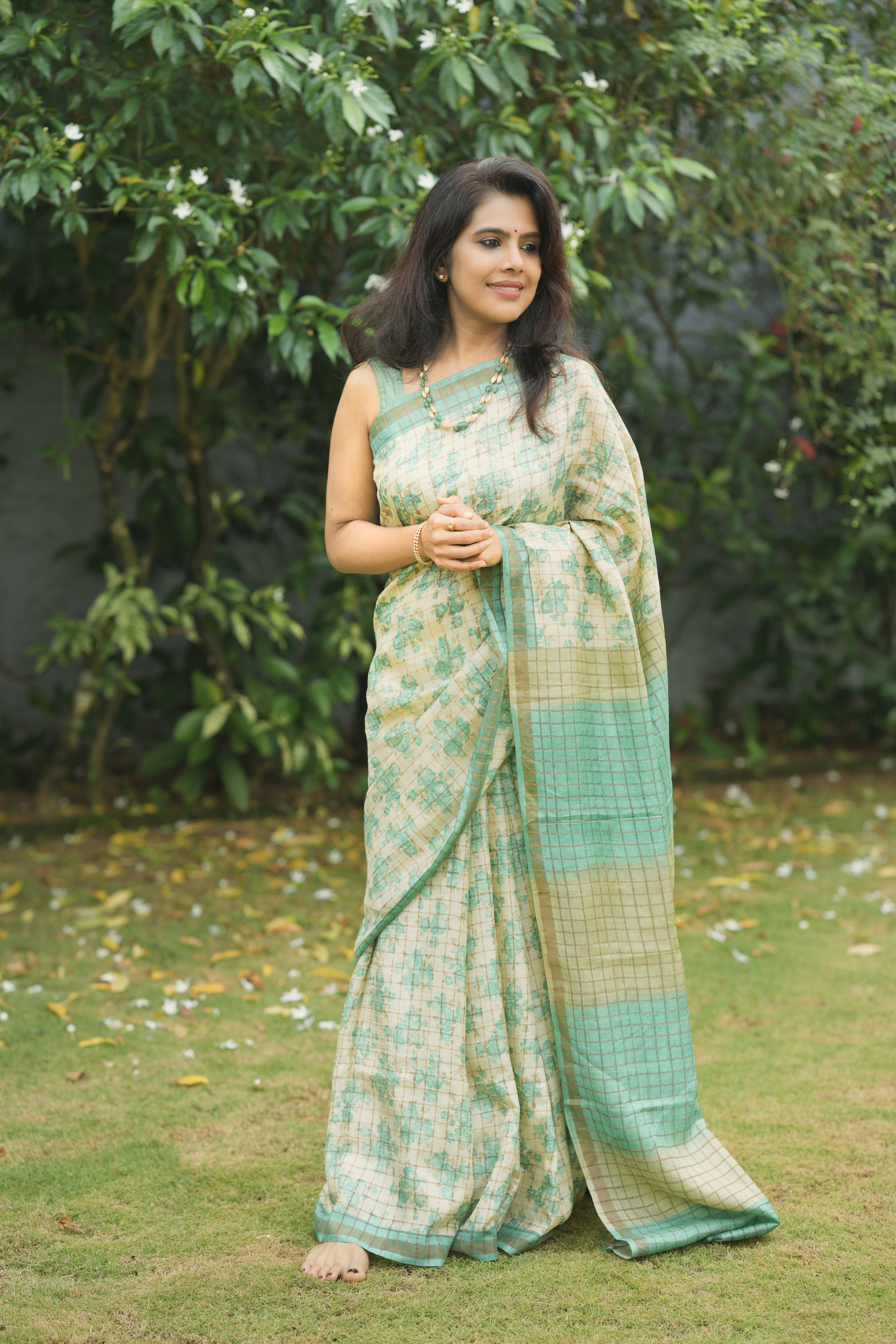 Off white with green tussar silk sari&nbsp;