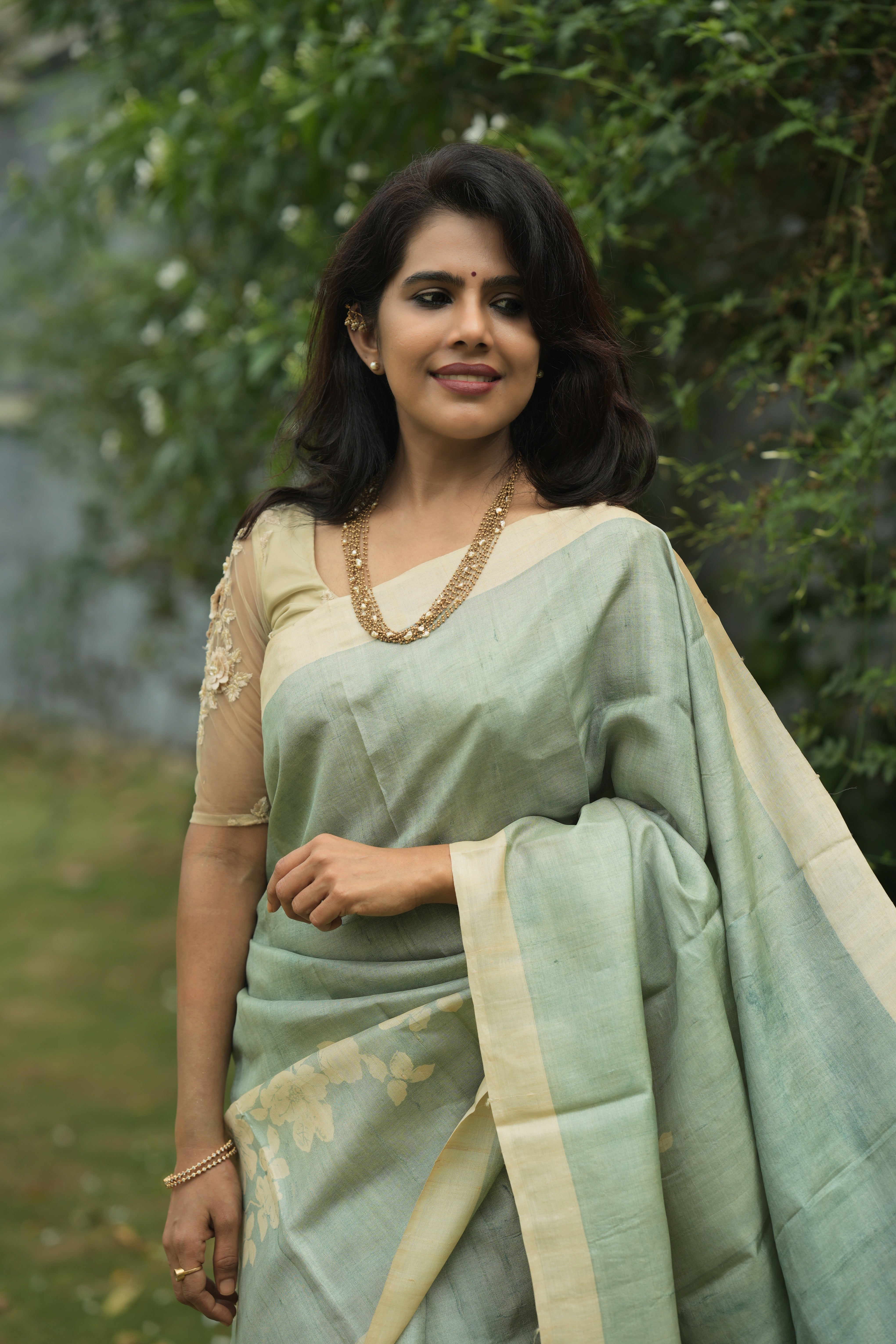 Pastel floral tussar silk sari