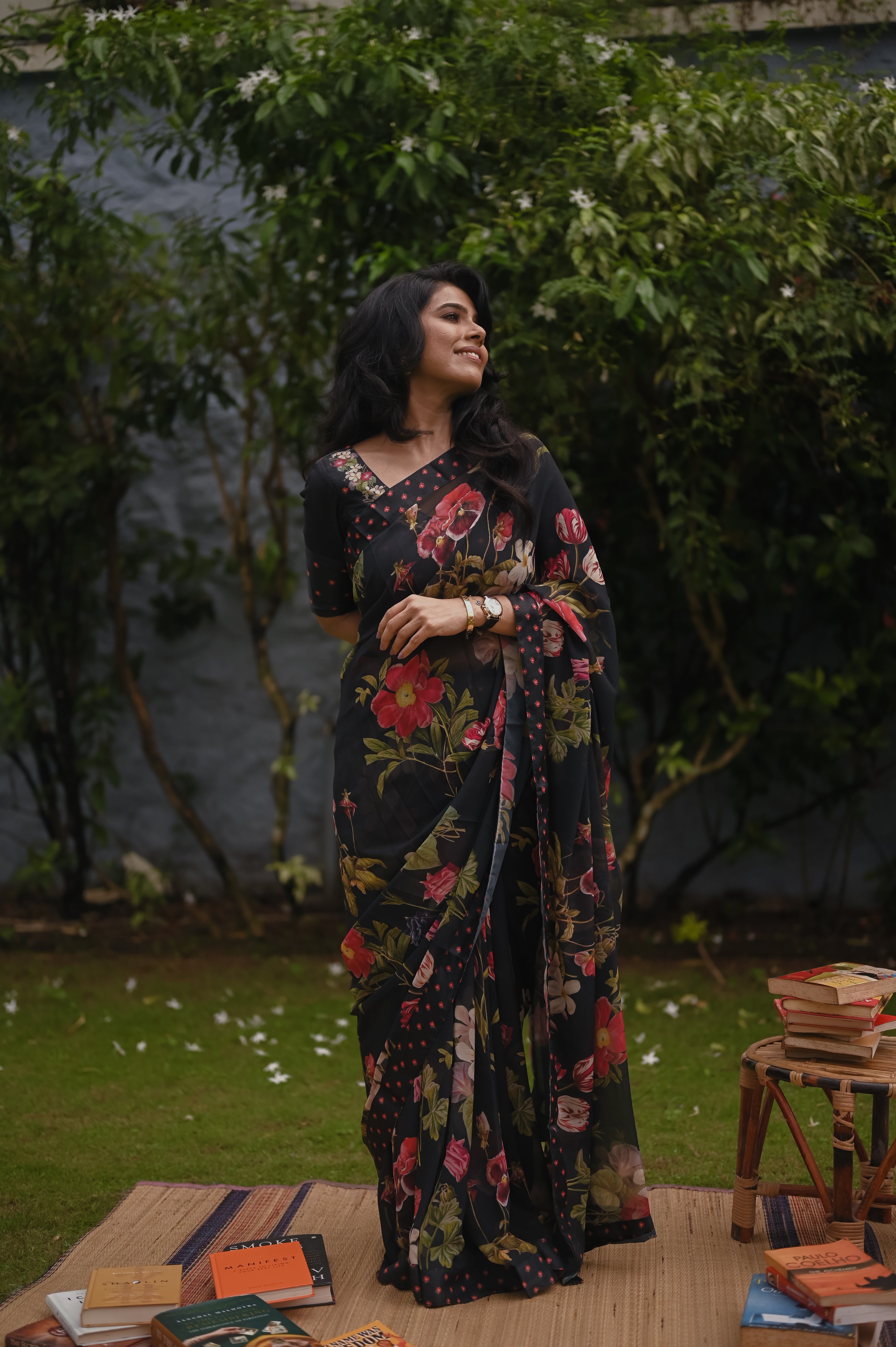 Black floral georgette sari