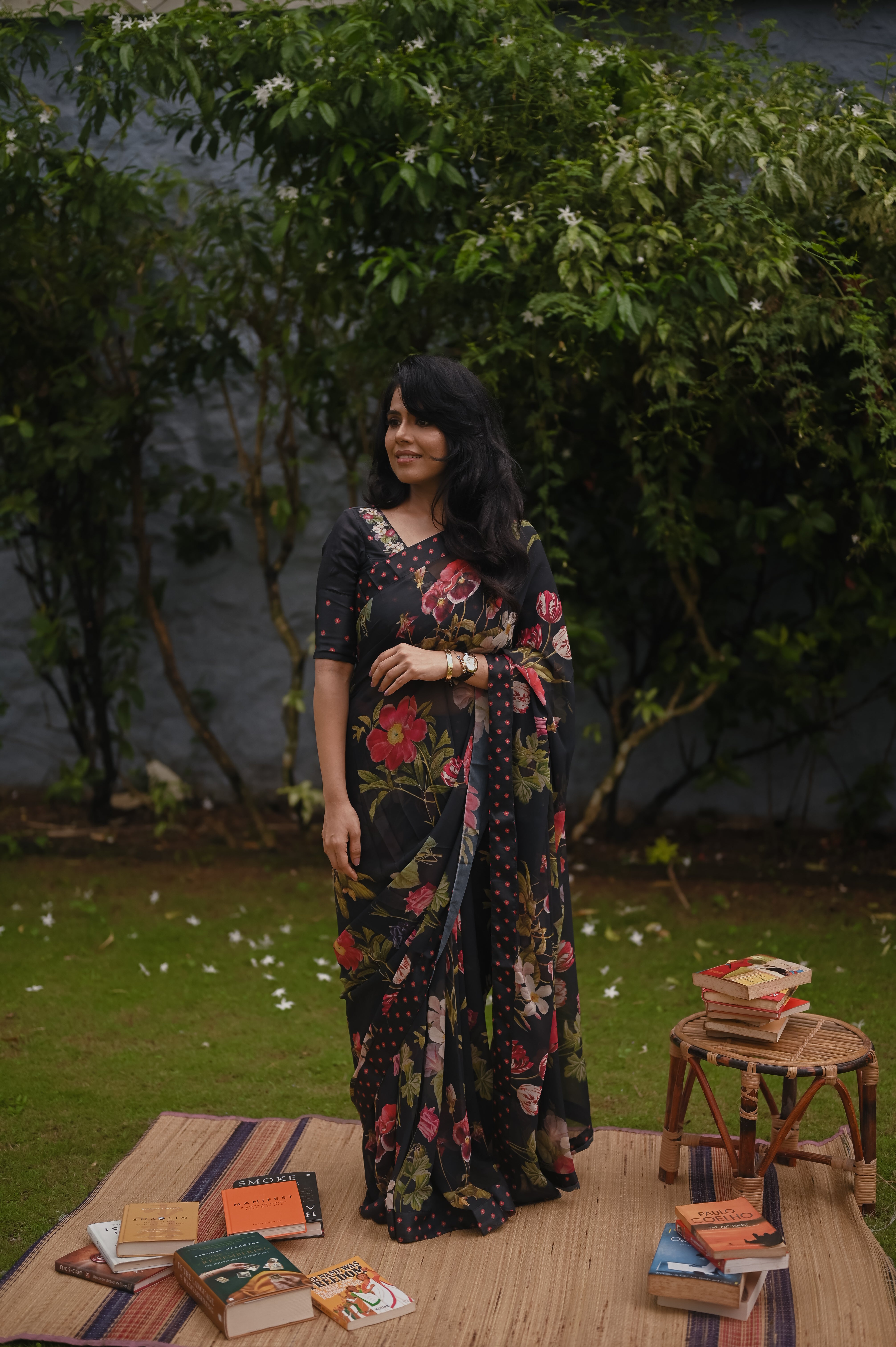 Black floral georgette sari