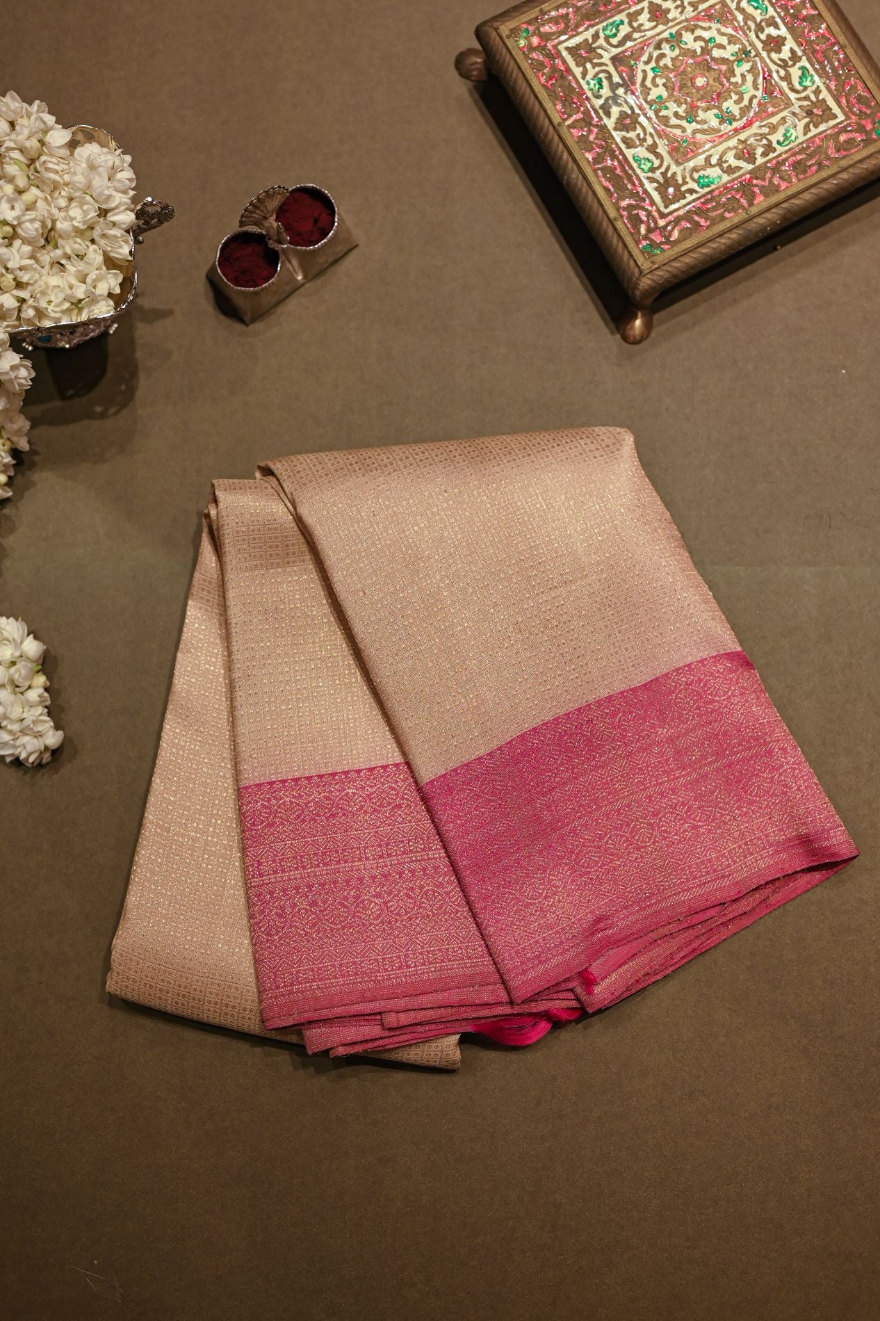 Offwhite pink border Kanchivaram silk saree