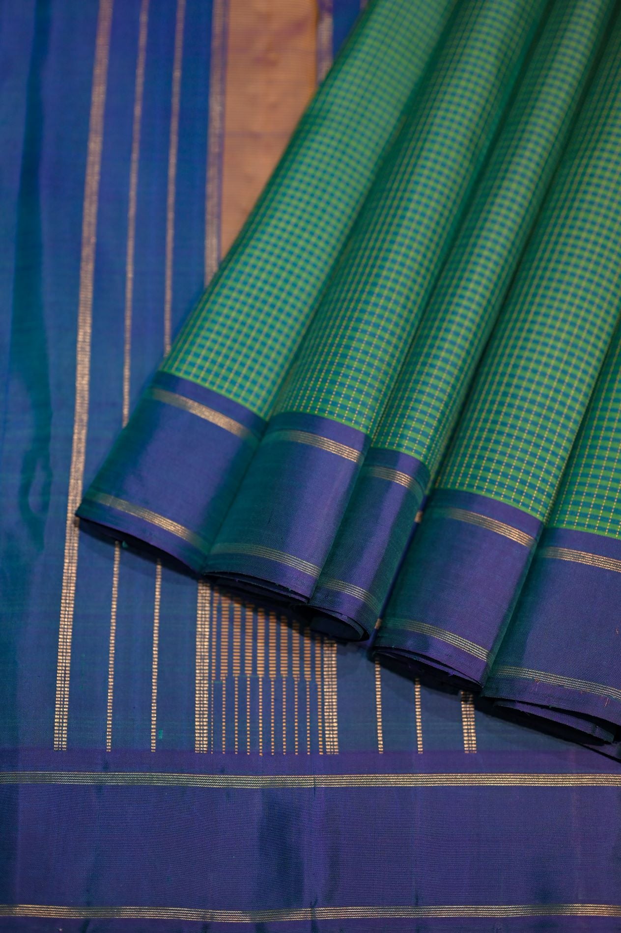 Blue green check Kanchivaram silk saree