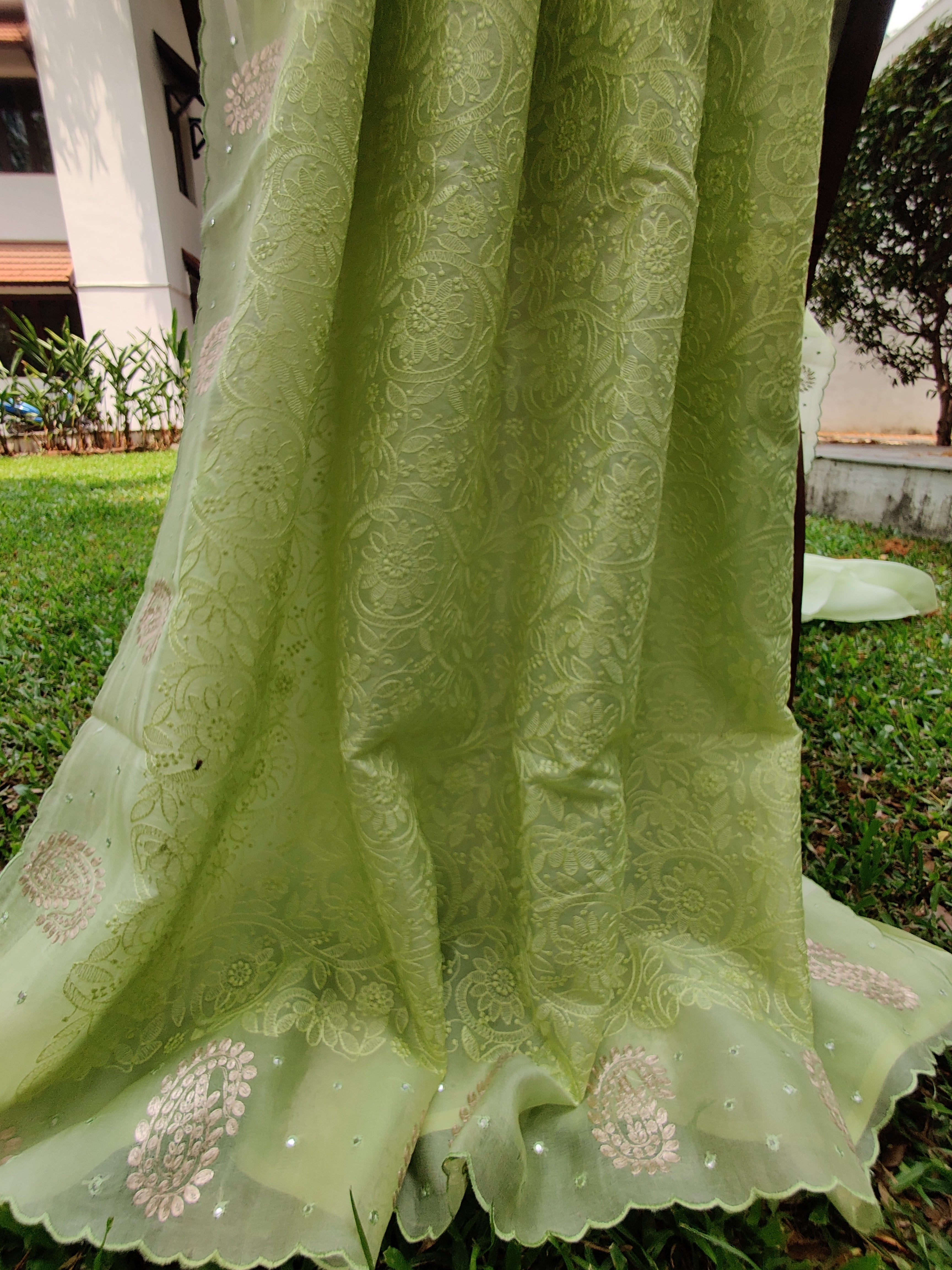 Pitta Work Green Organza Silk Sari