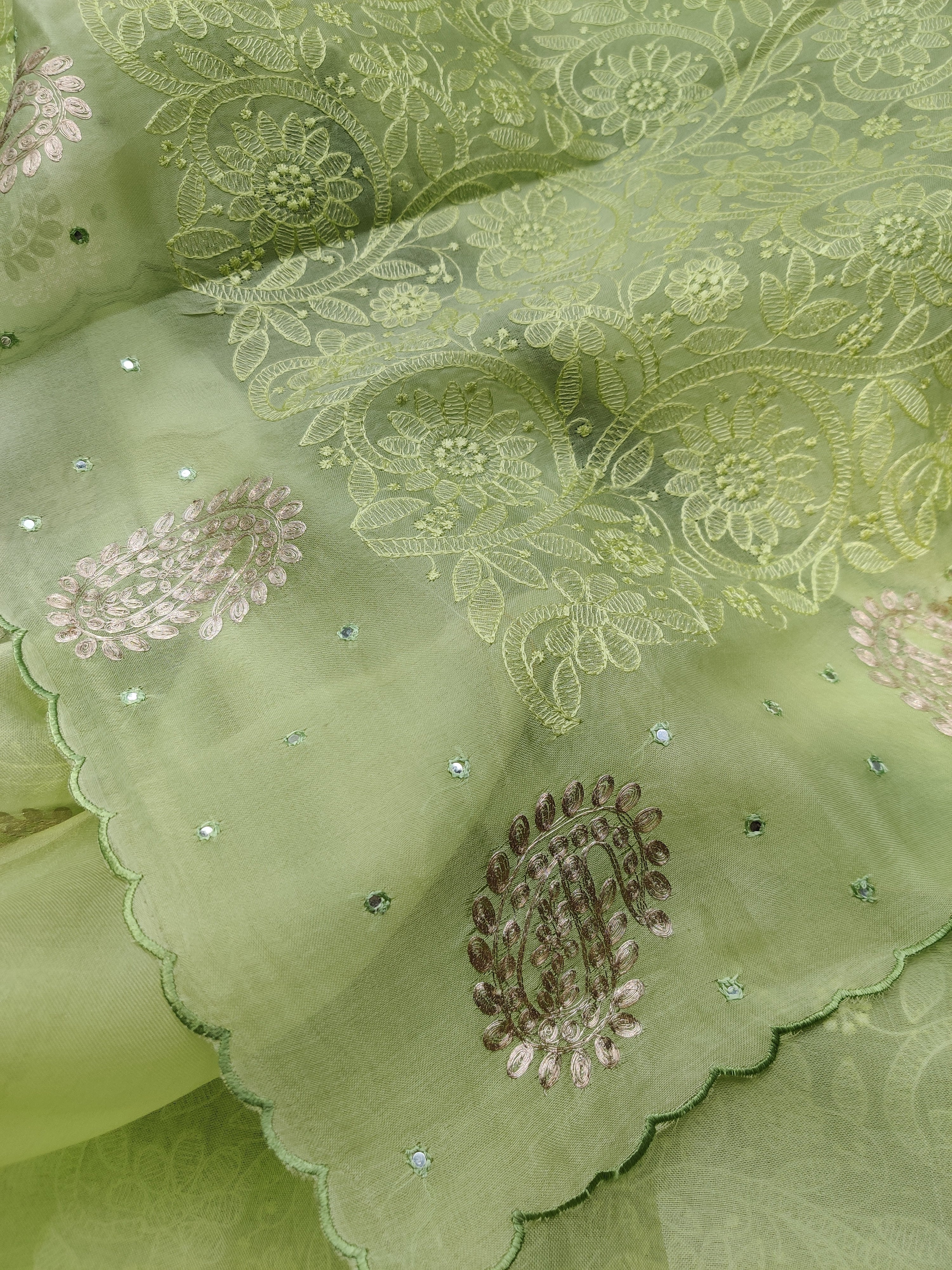 Pitta Work Green Organza Silk Sari