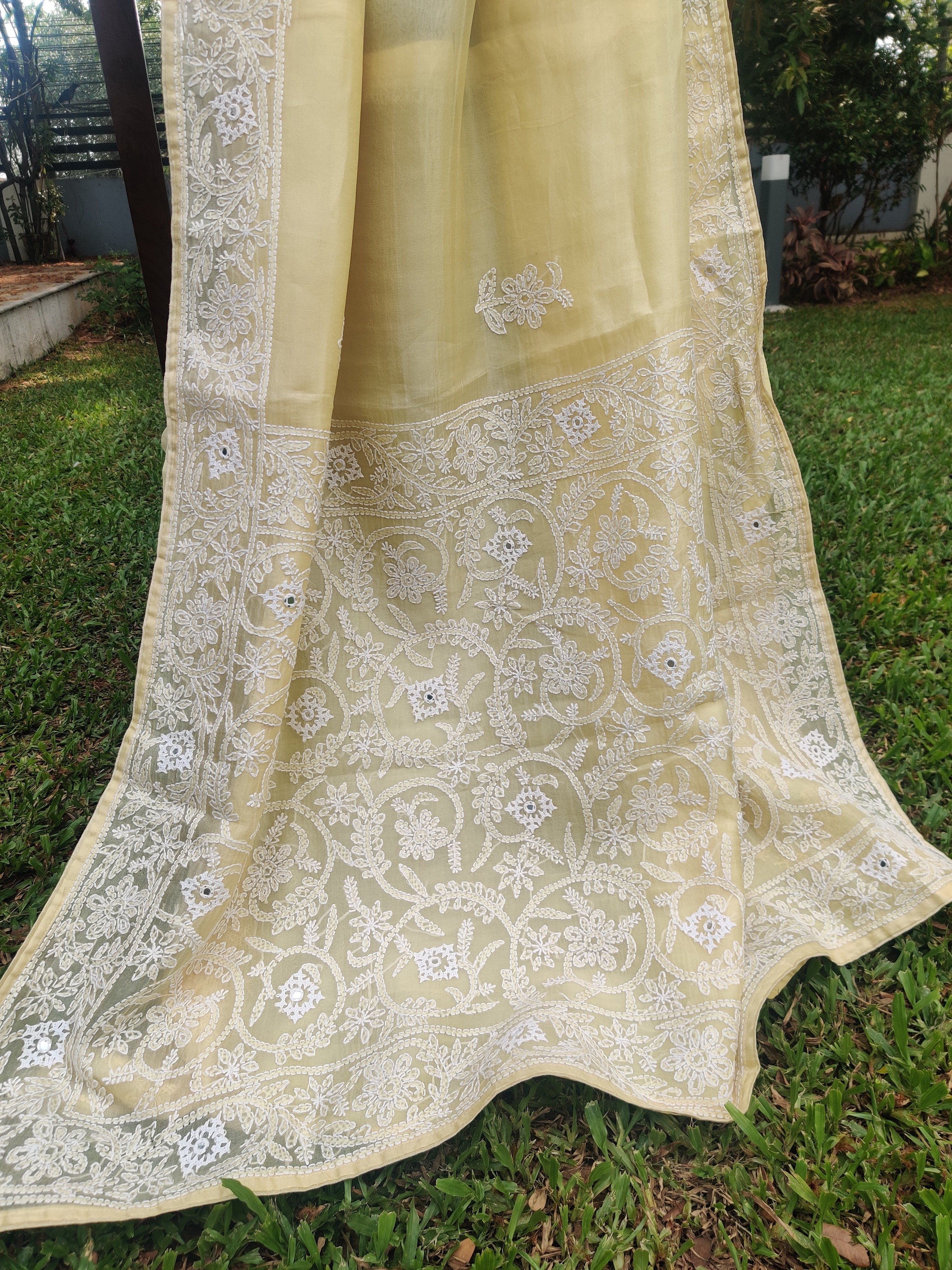 Sunny yellow organza silk sari
