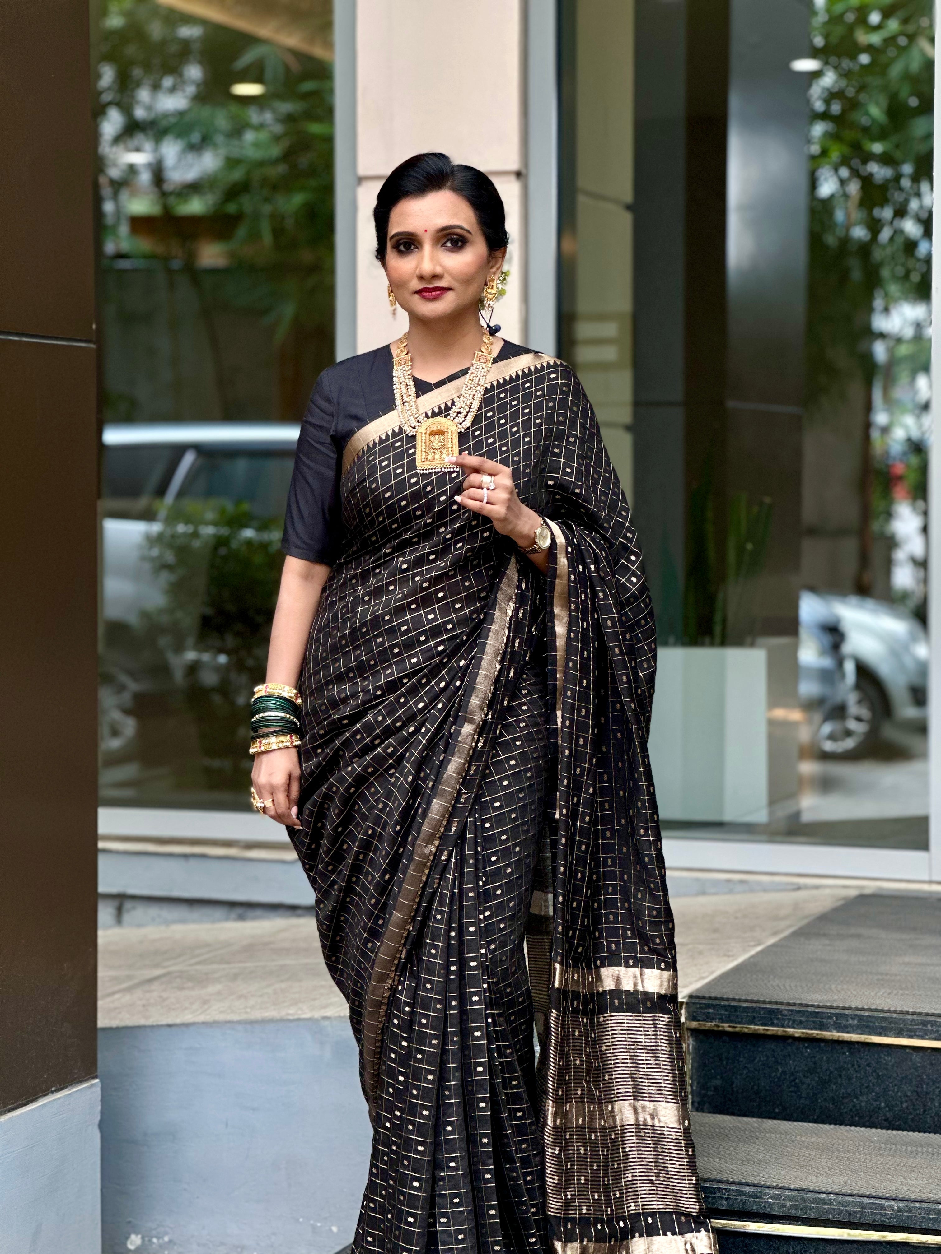 Black Zari Check Saree
