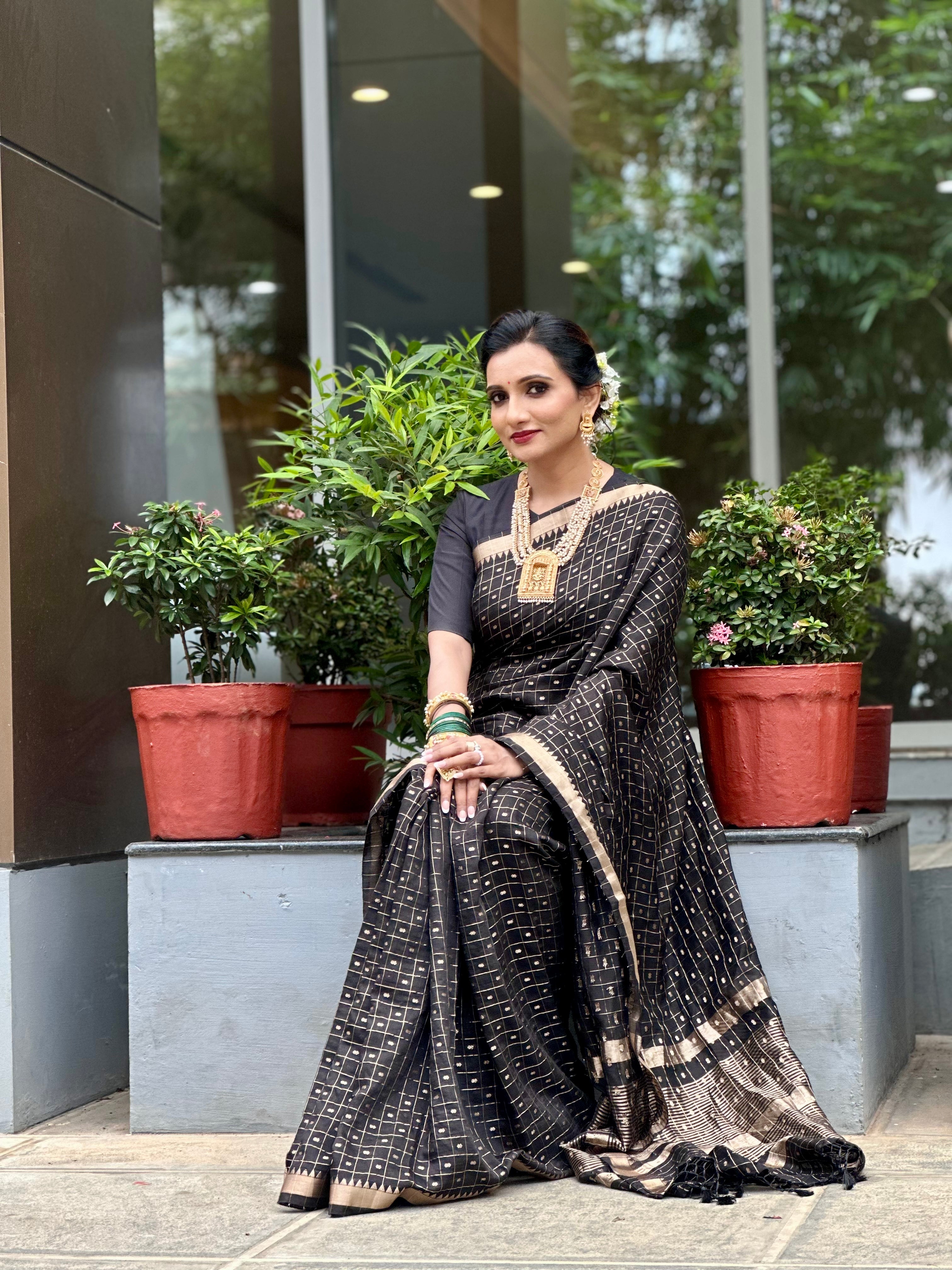 Black Zari Check Saree