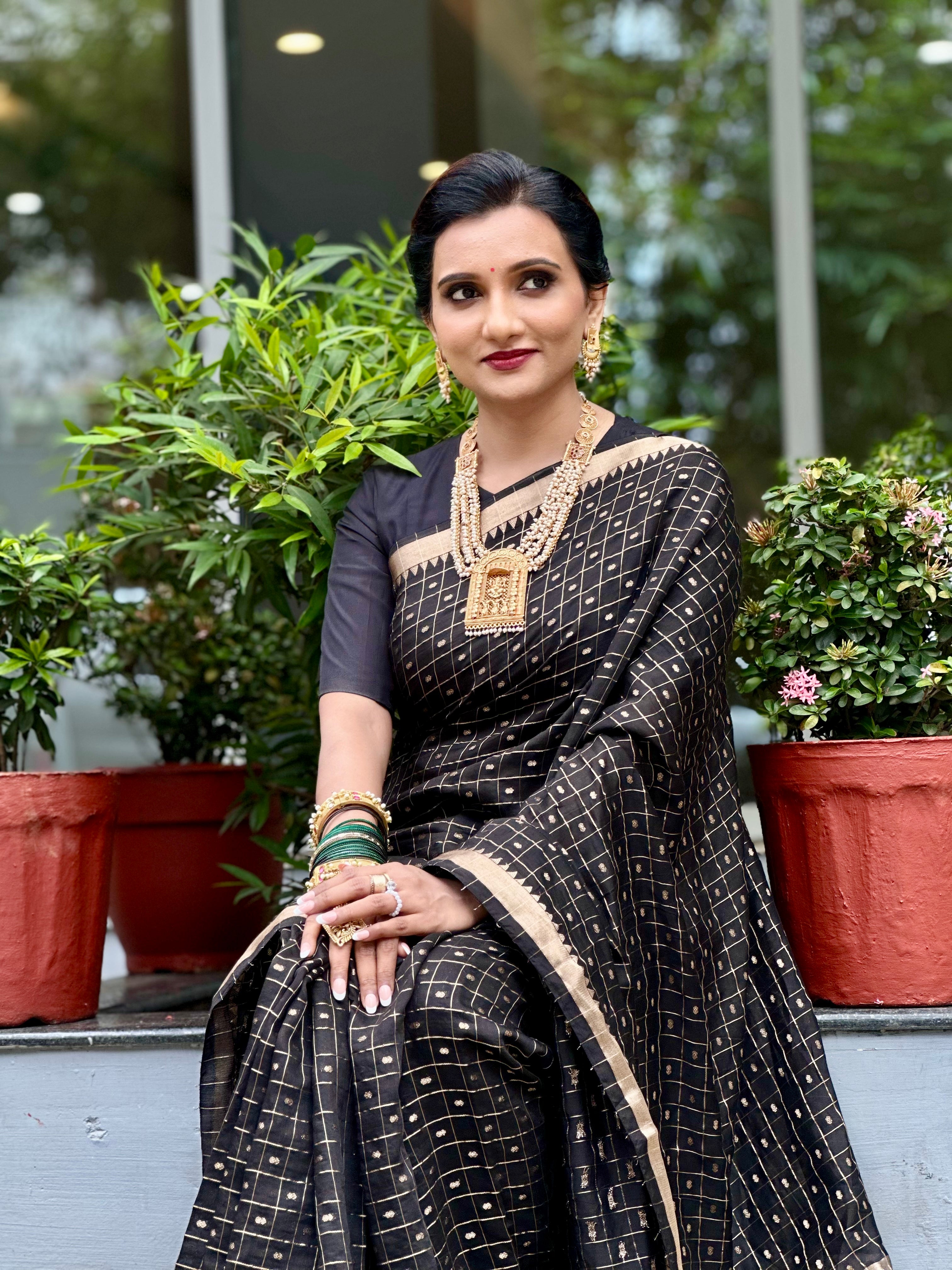 Black Zari Check Saree