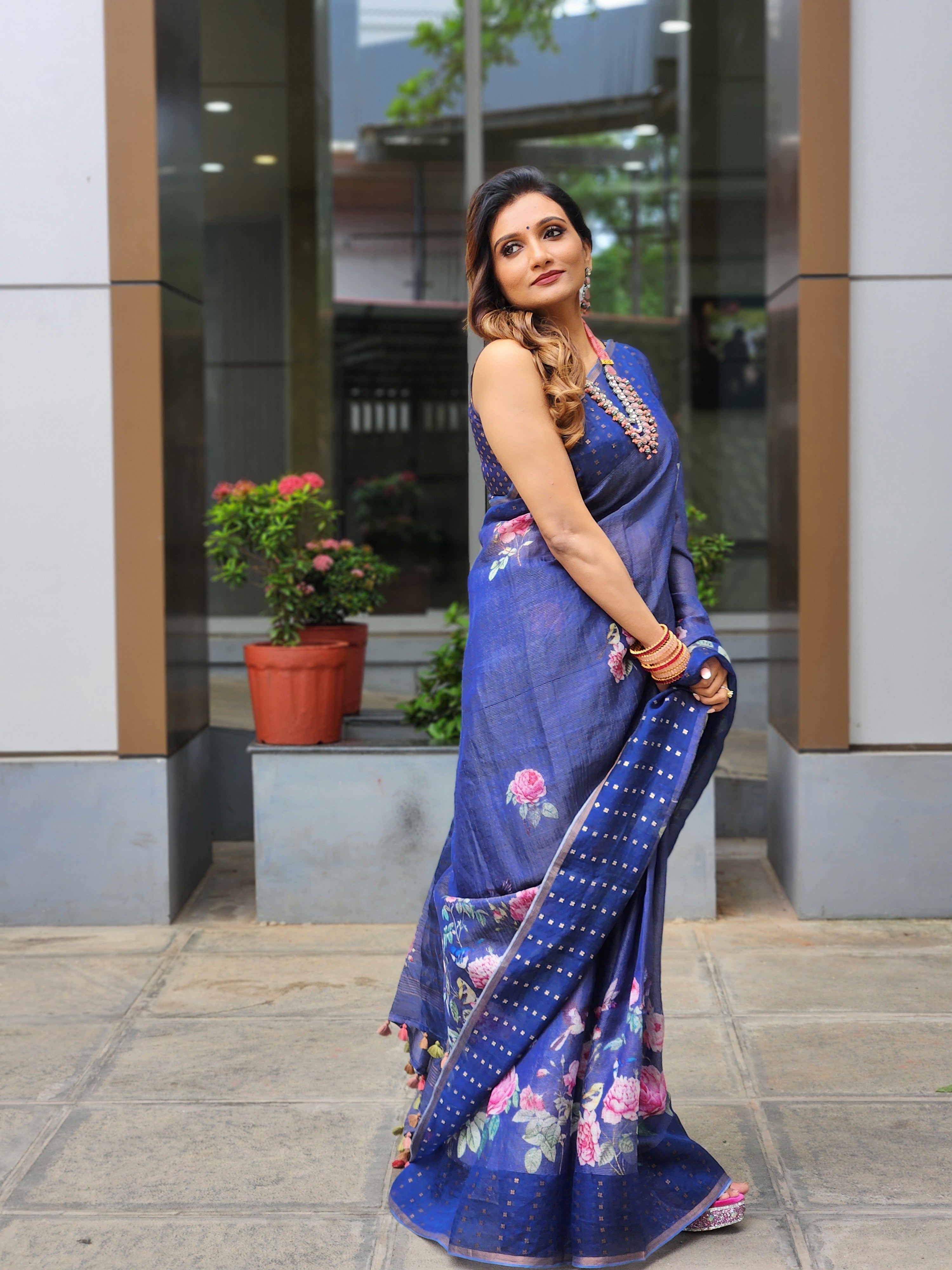 Blue Muslin Saree