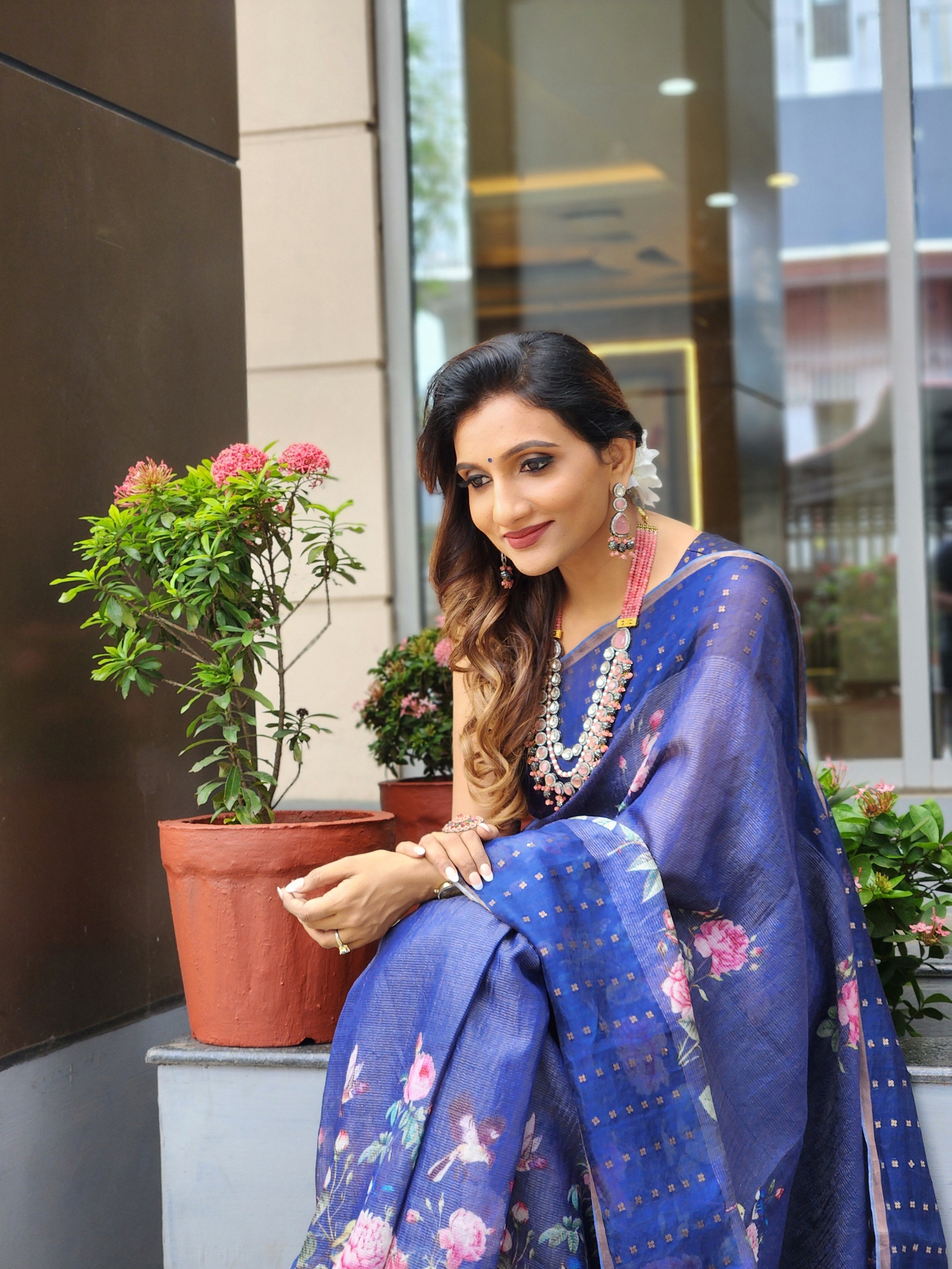 Blue Muslin Saree