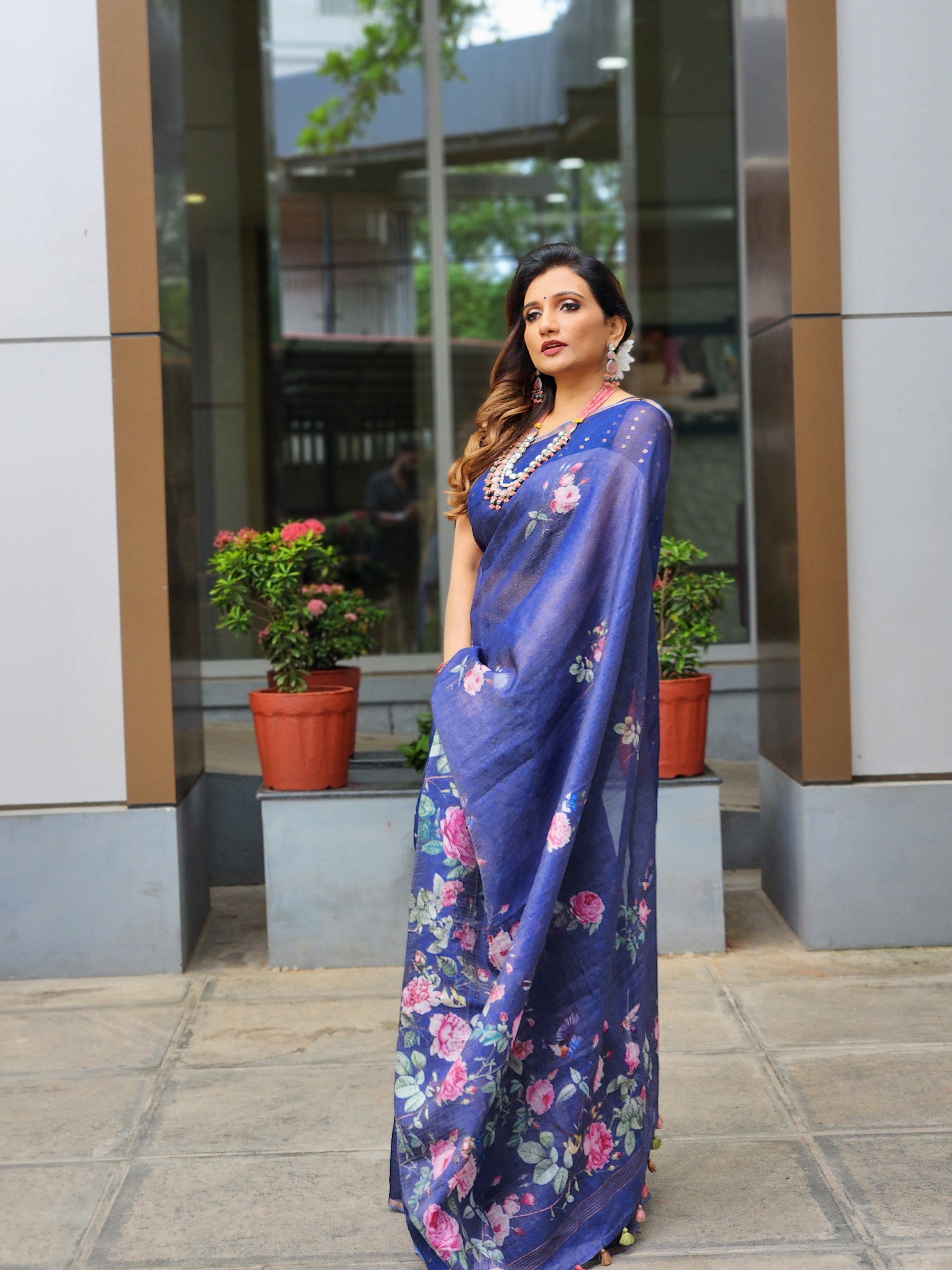 Blue Muslin Saree