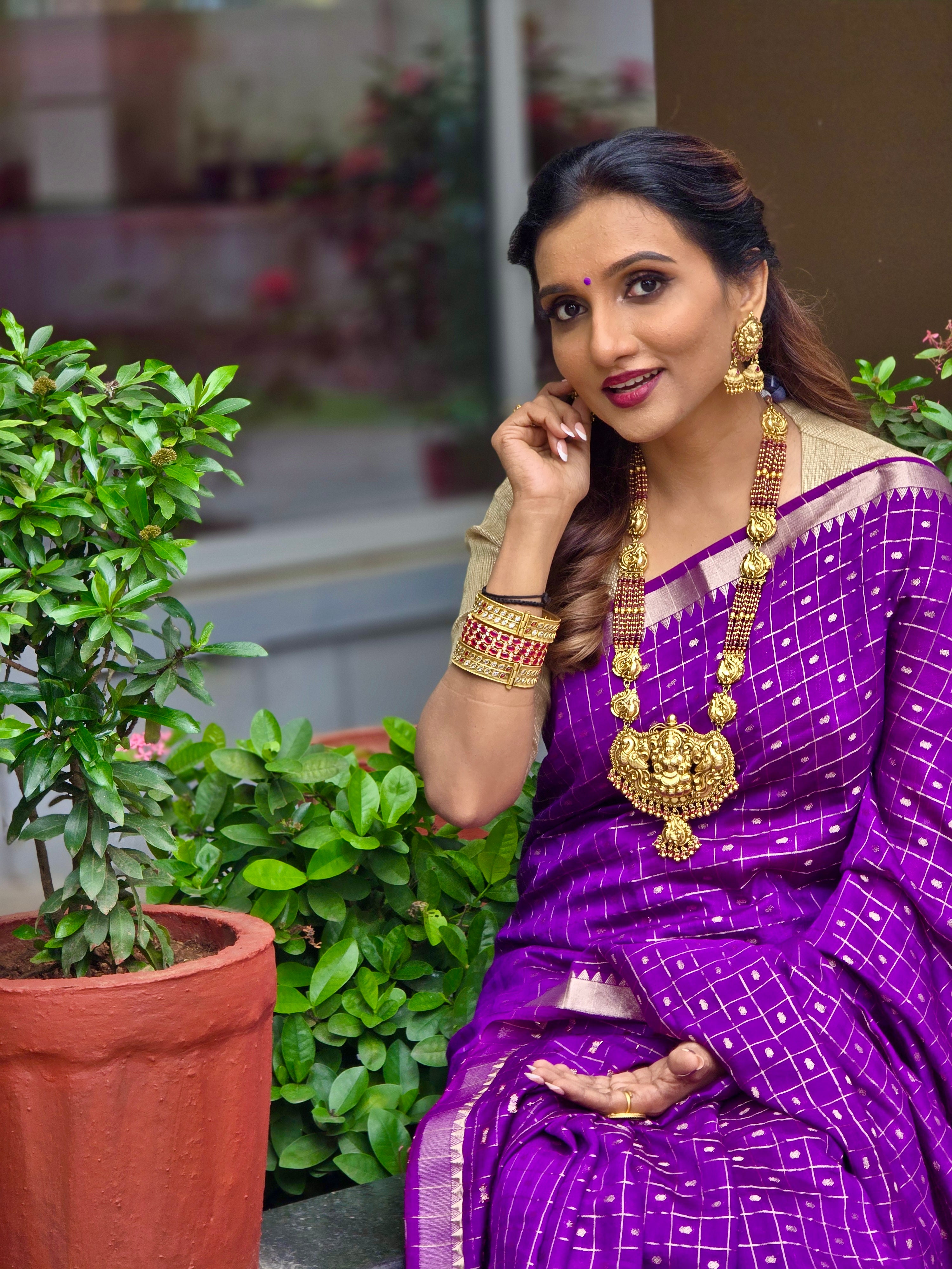 Deep Violet Check Saree