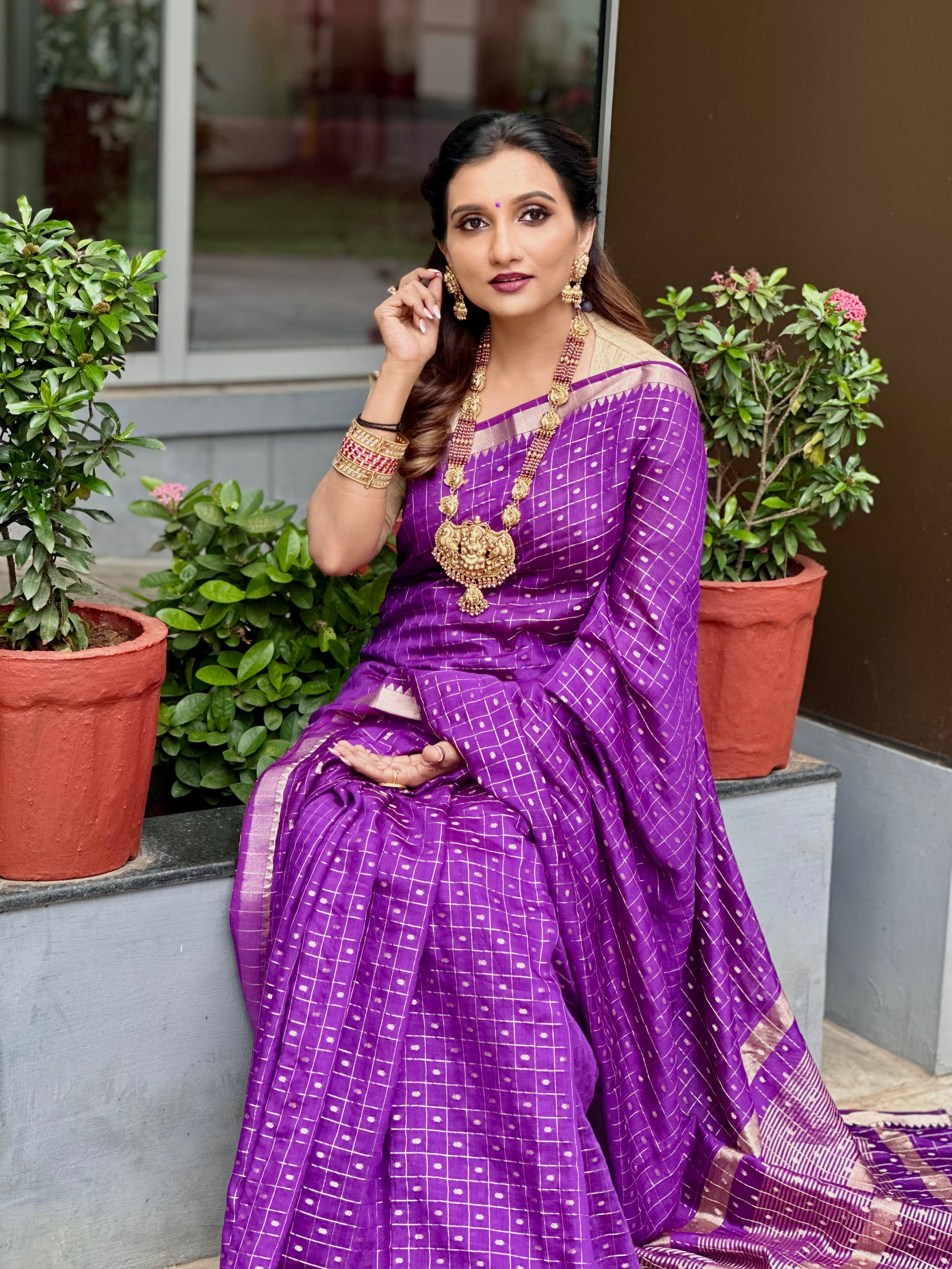 Deep Violet Check Saree