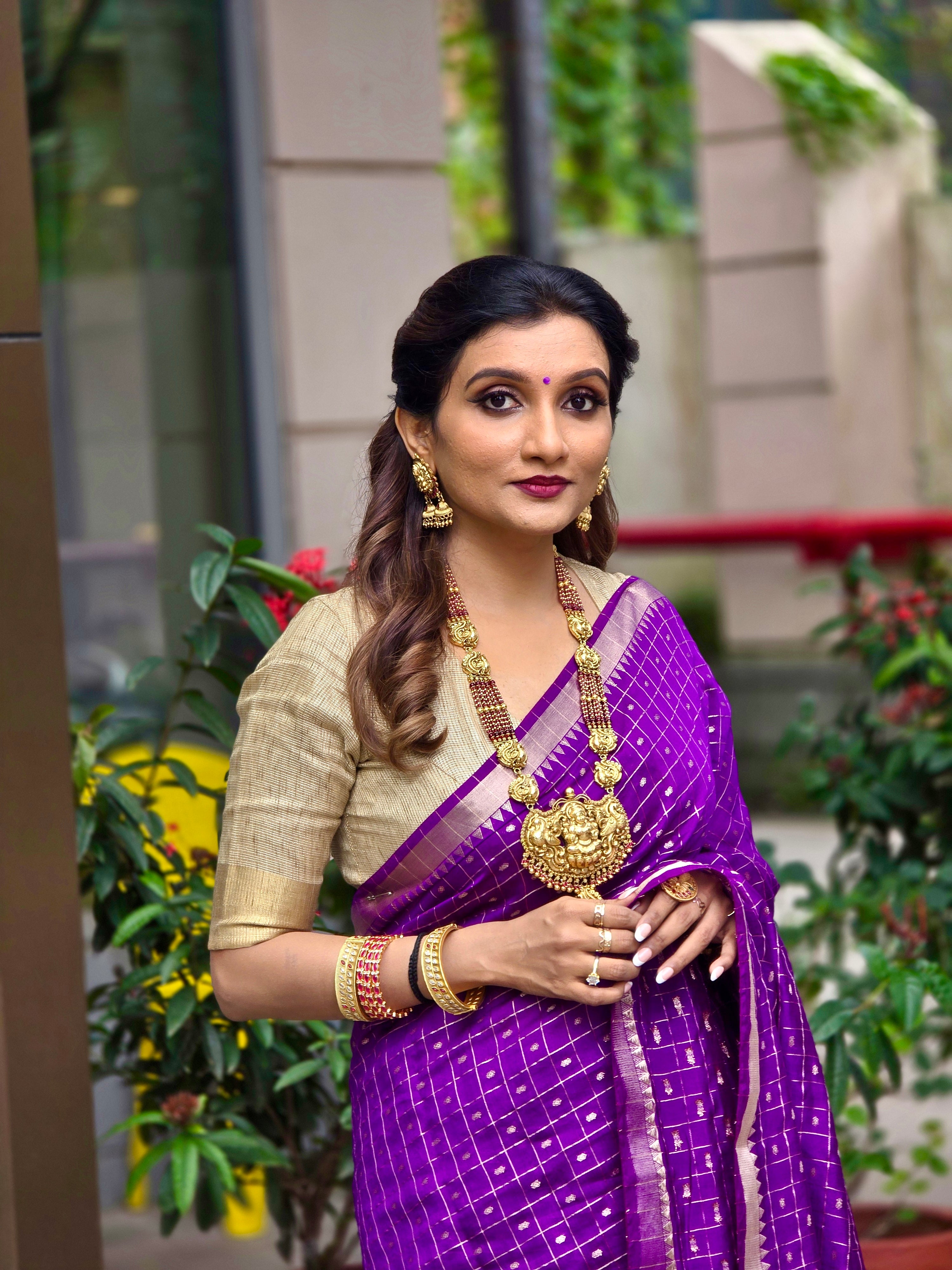 Deep Violet Check Saree