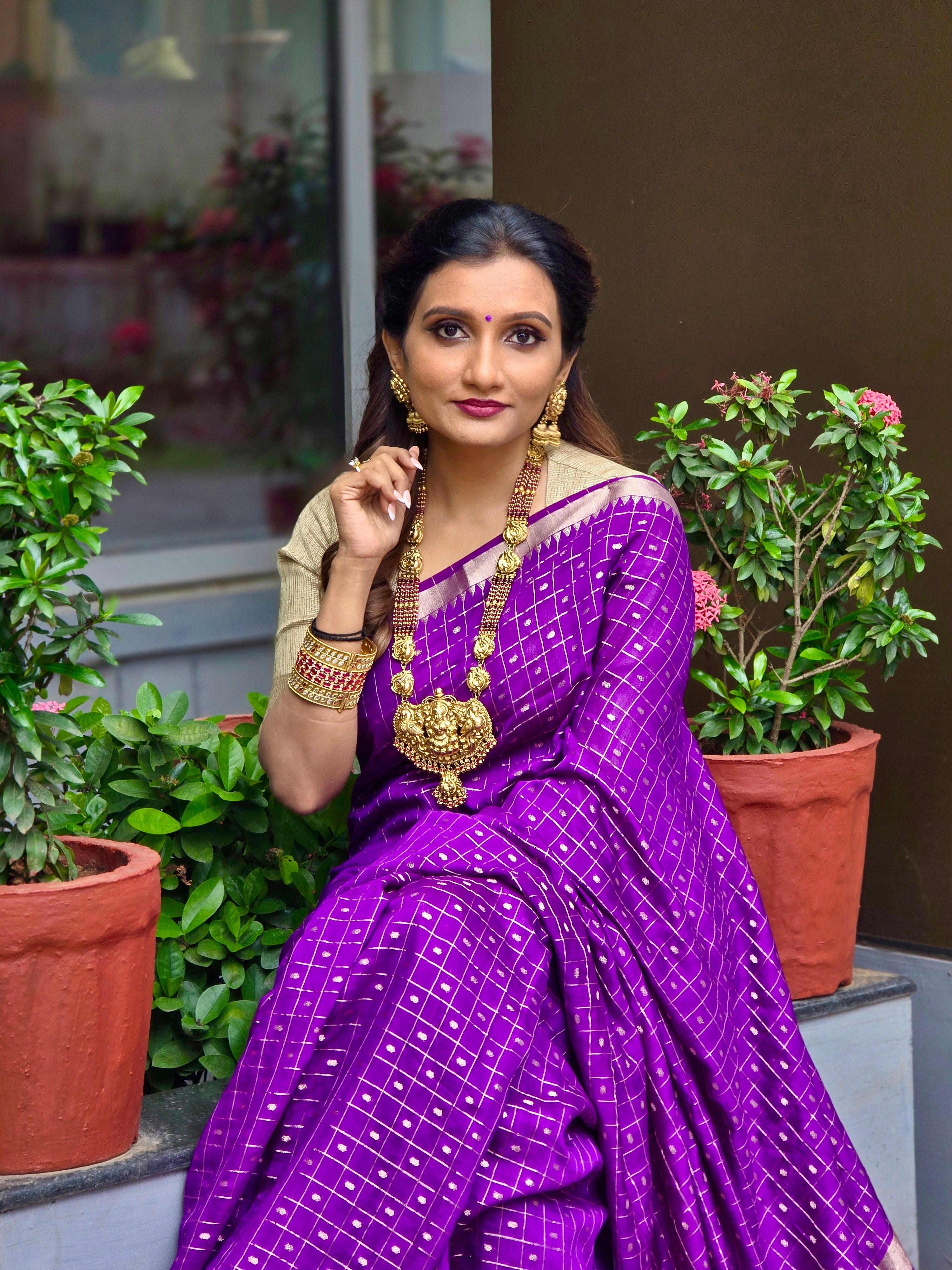 Deep Violet Check Saree