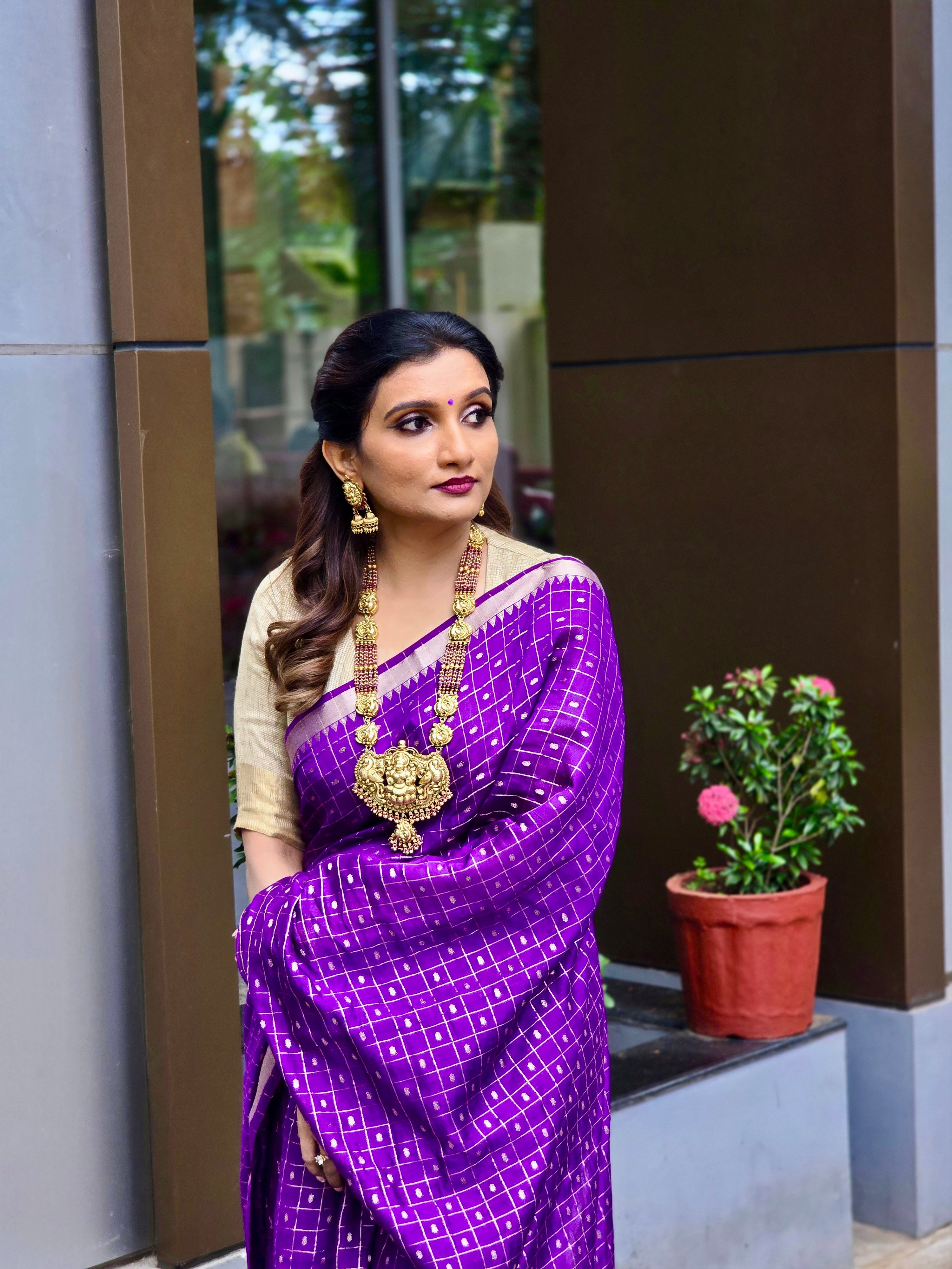 Deep Violet Check Saree