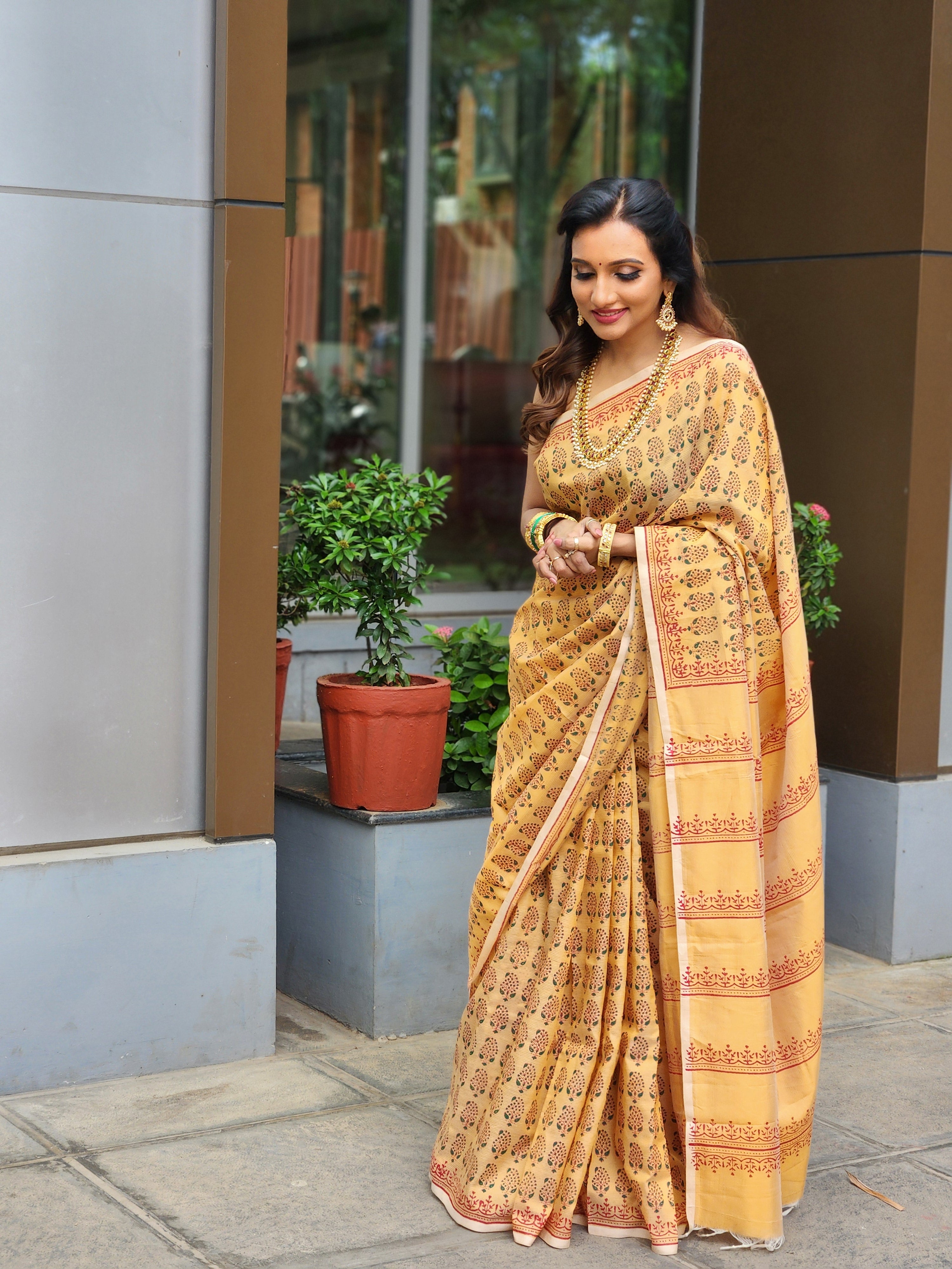 Hand-block printed sari