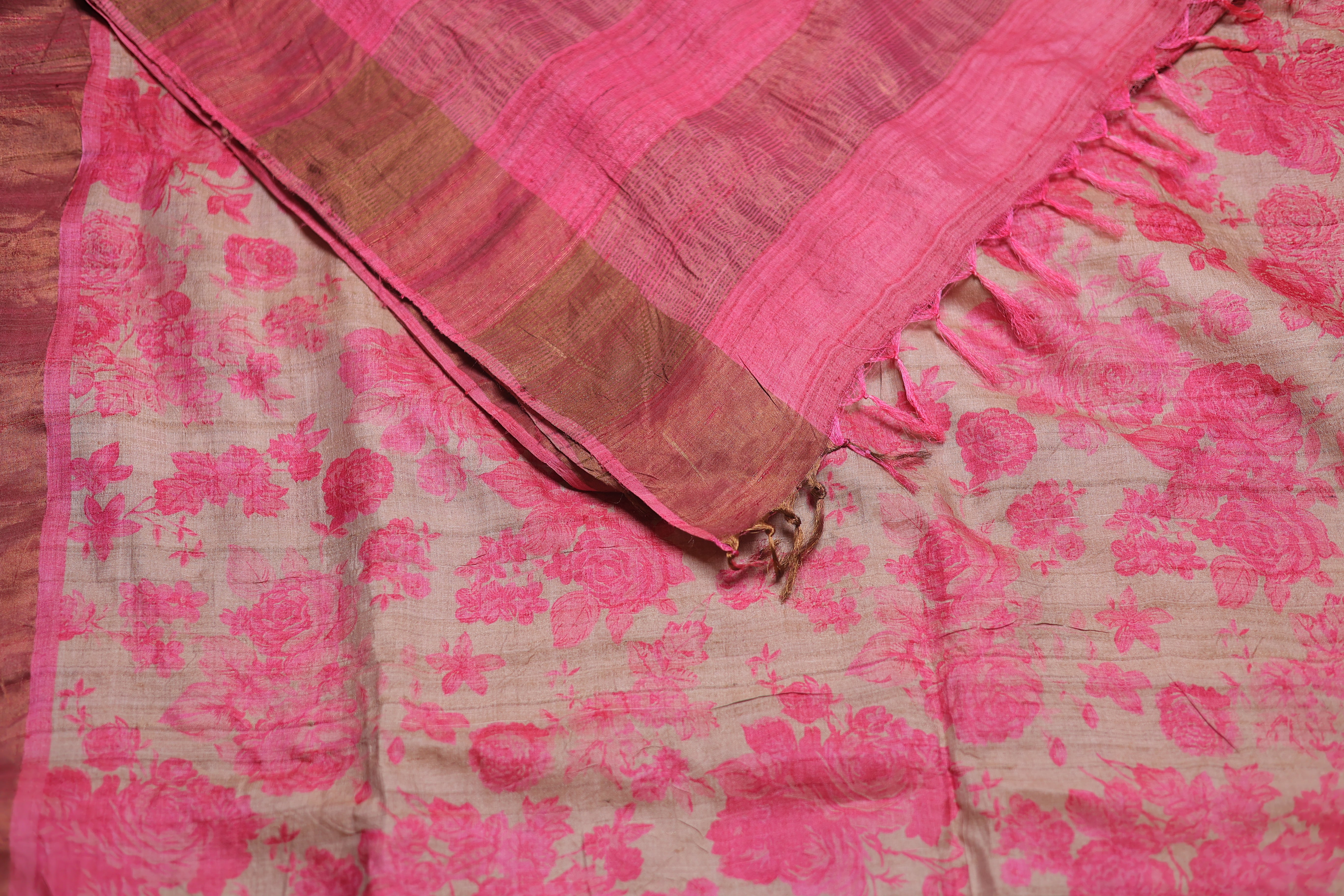 Pink and off white Tussar silk saree