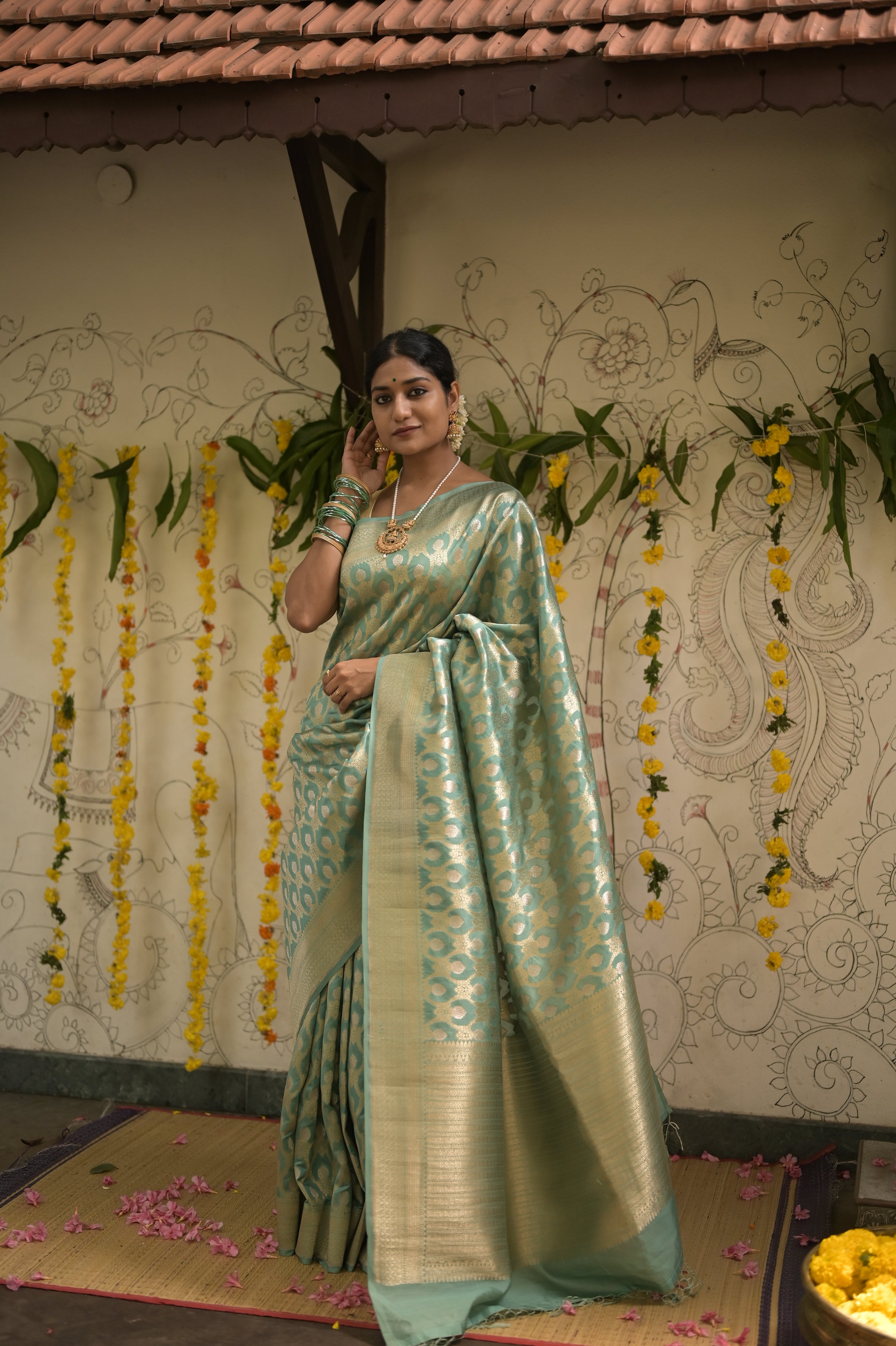 Aqua green Banarasi silk saree