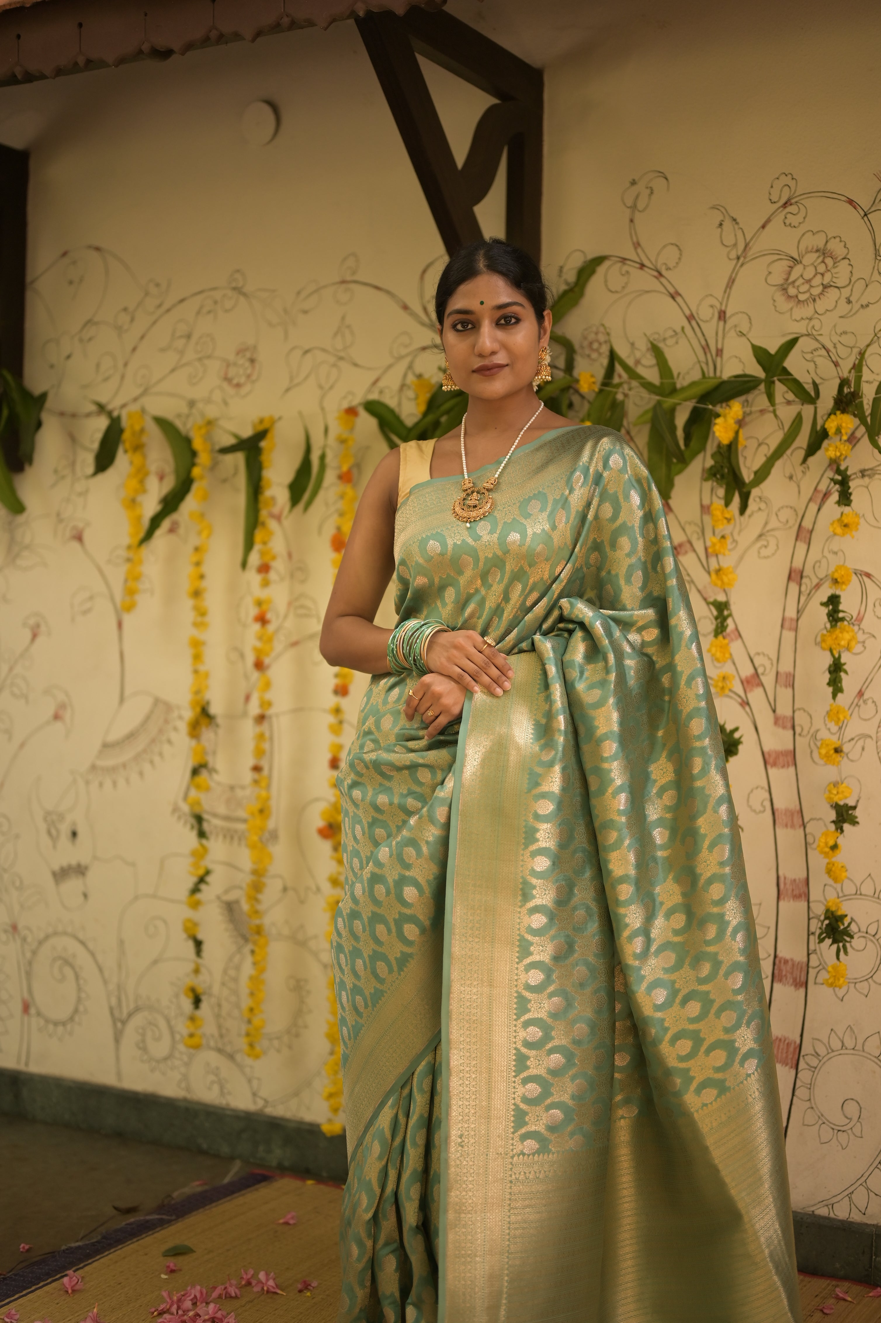 Aqua green Banarasi silk saree