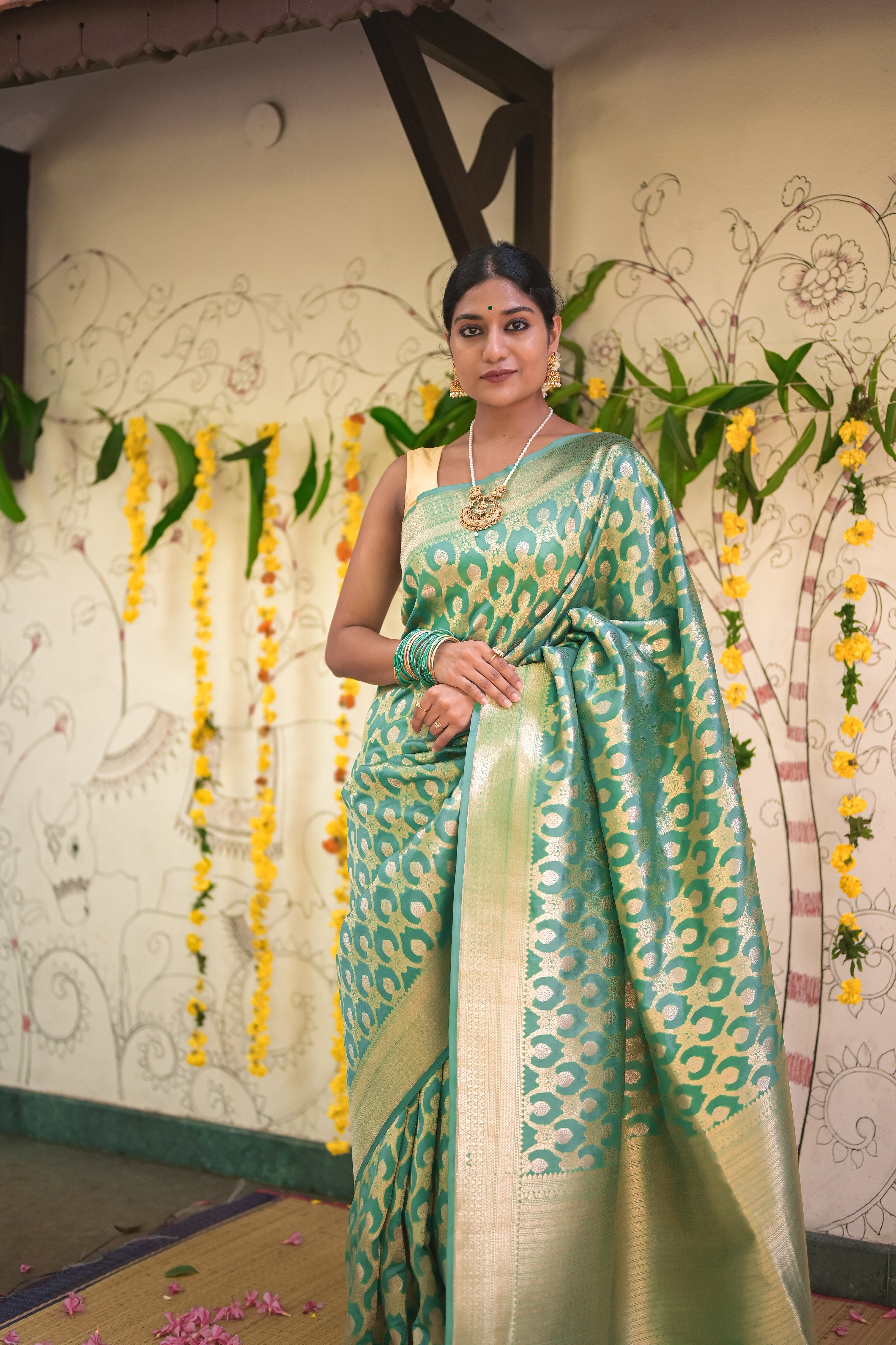 Aqua green Benares silk sari