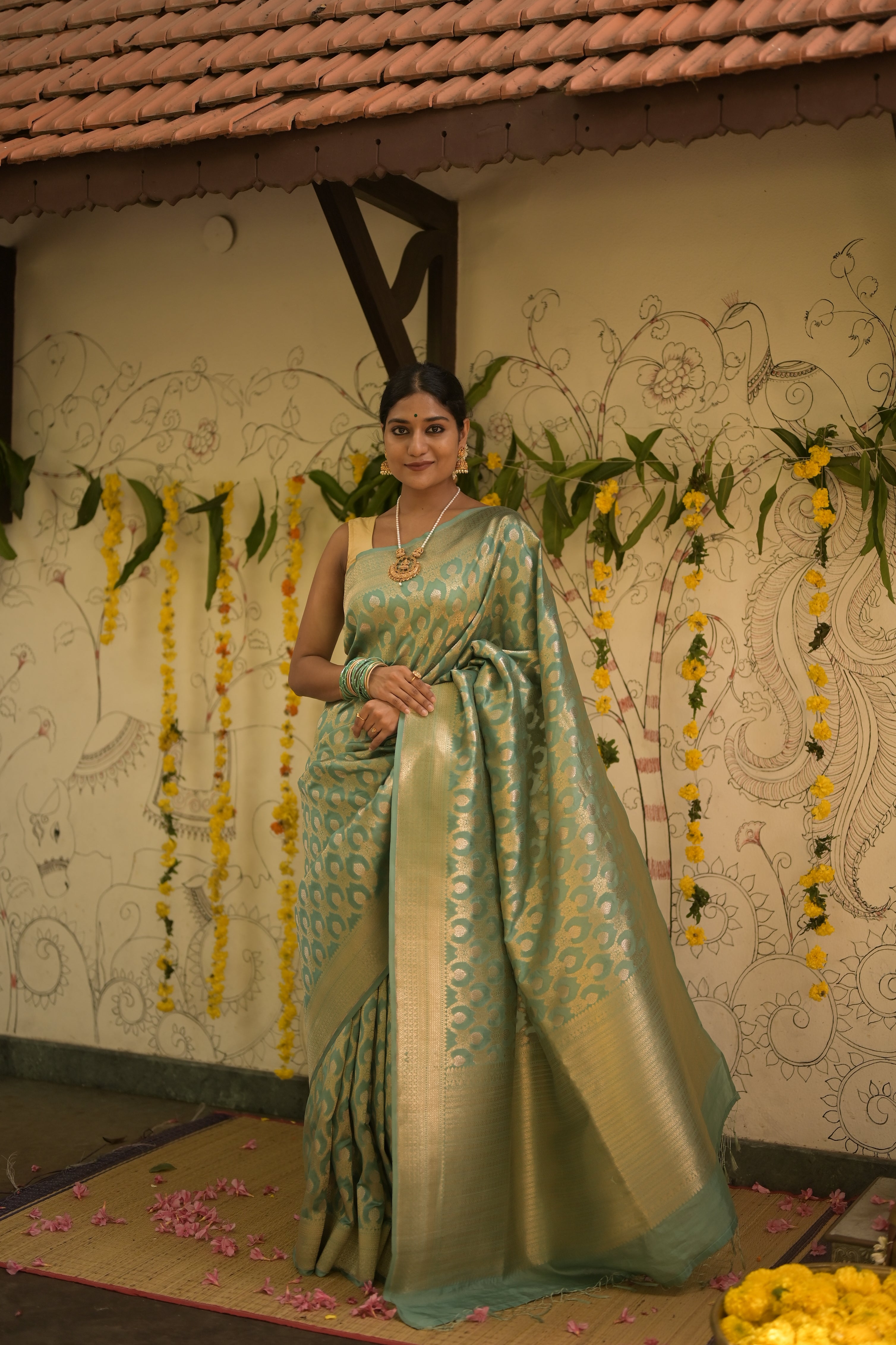 Aqua green Banarasi silk saree