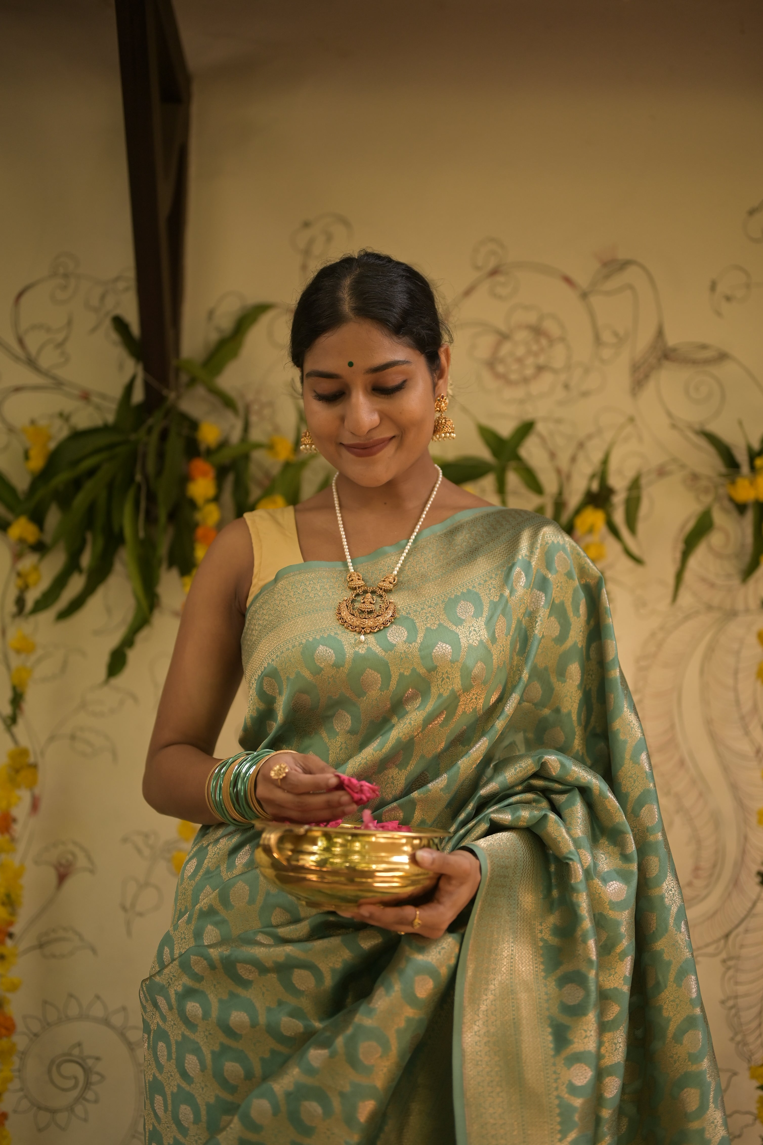 Aqua green Banarasi silk saree