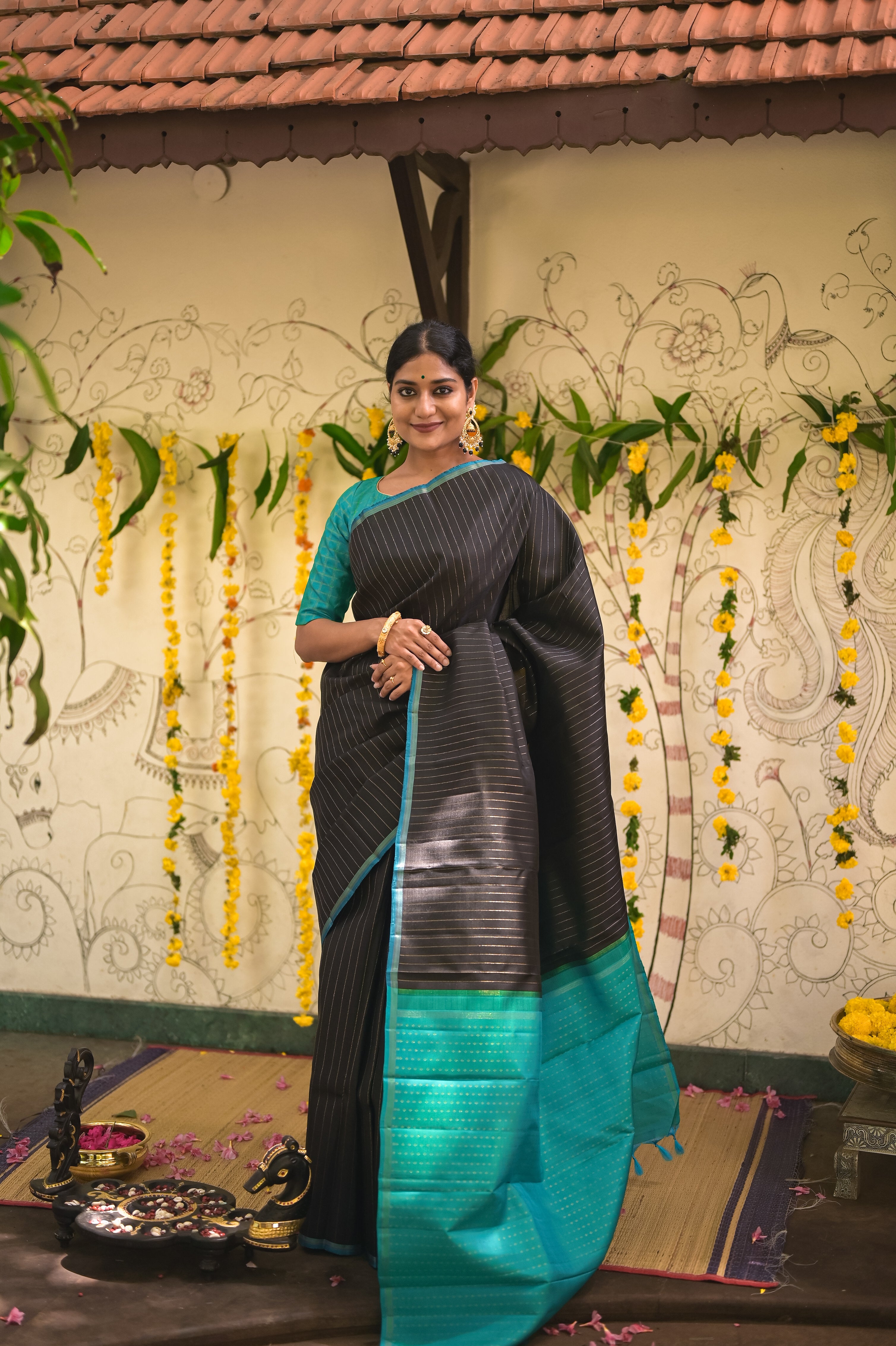 Kanjivaram silk with geometric stripes saree