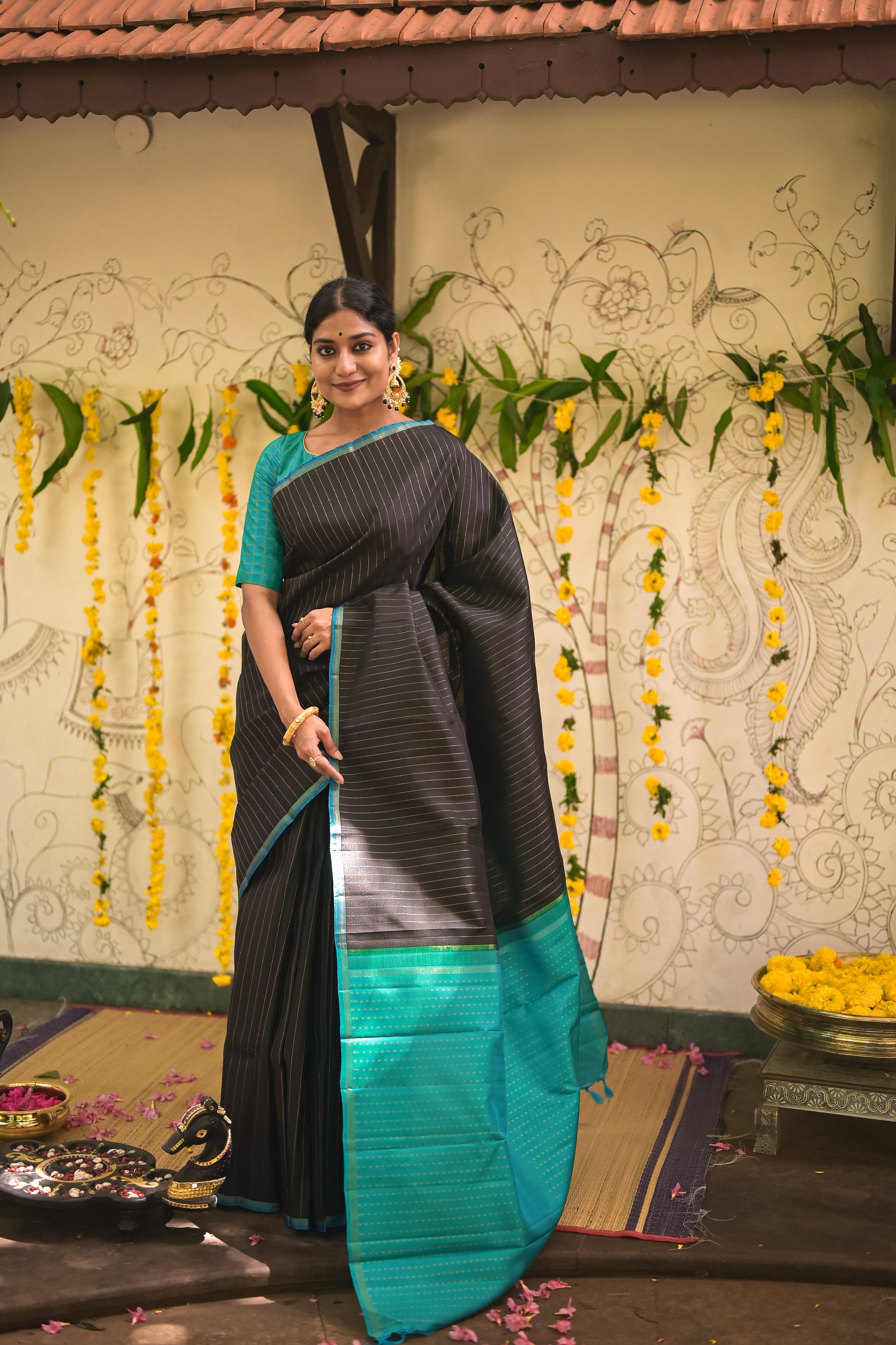 Kanjivaram silk with geometric stripes saree