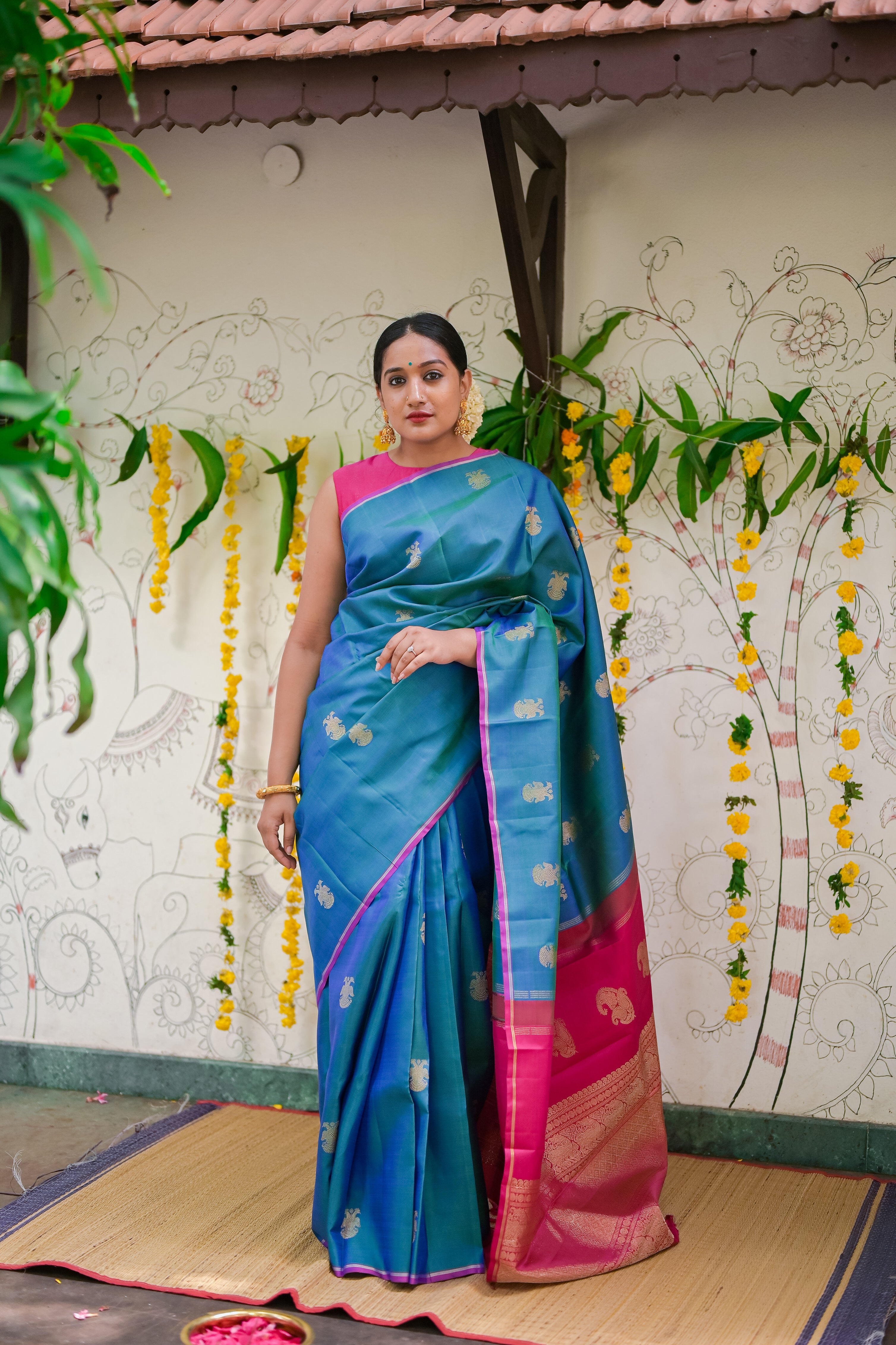 Peacock blue kanchivaram silk