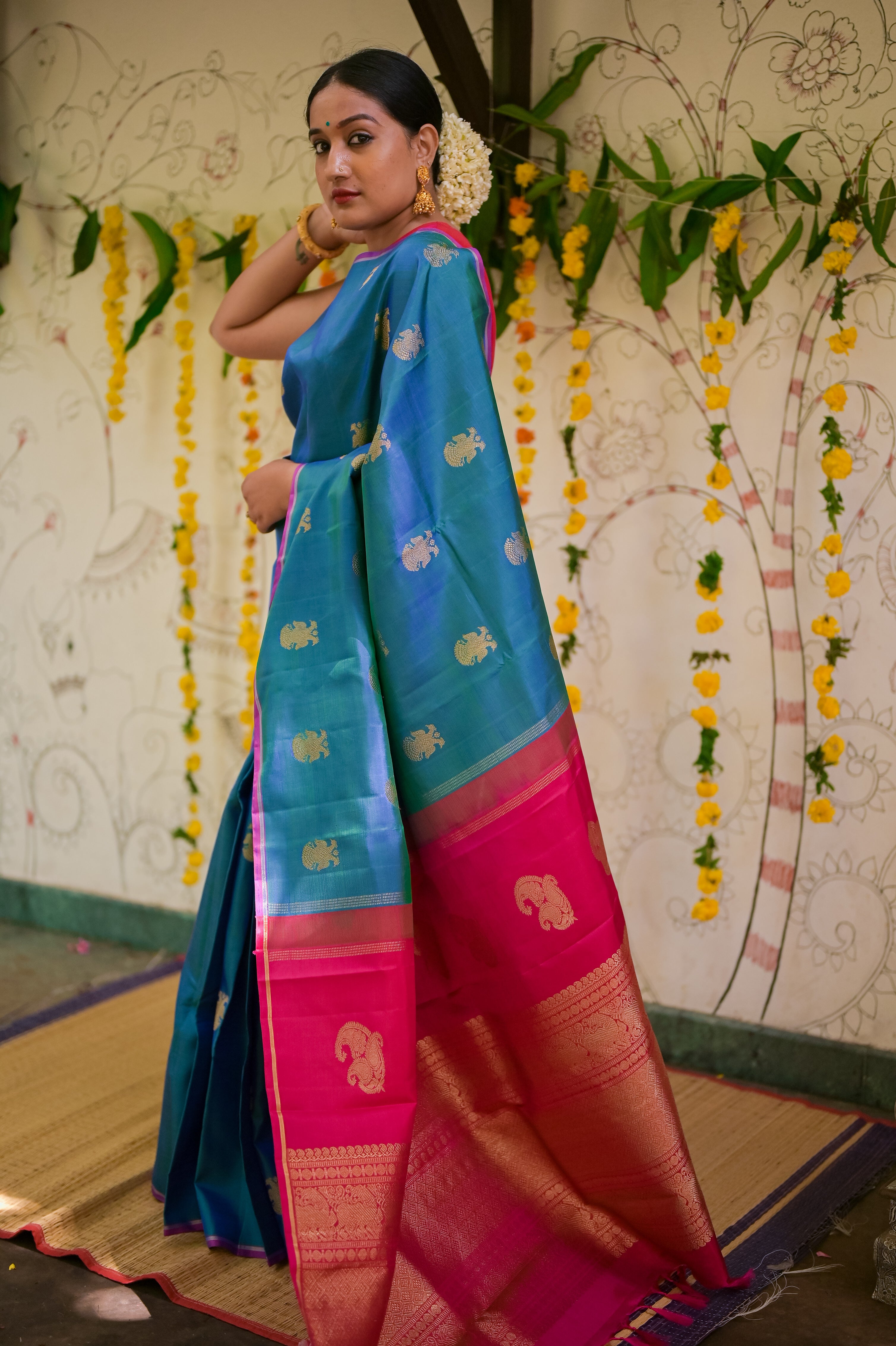 Peacock blue kanchivaram silk