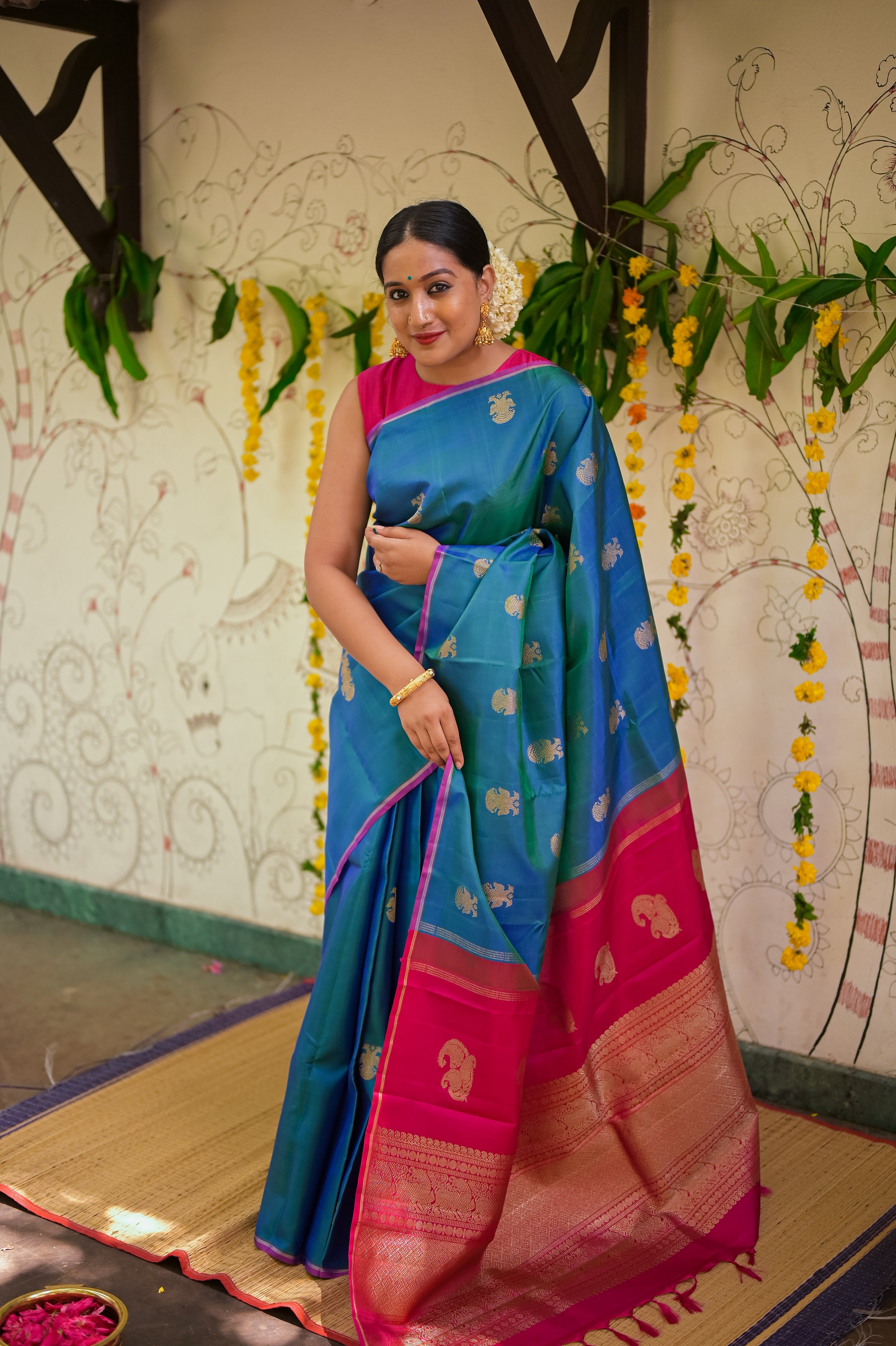 Peacock blue kanchivaram silk