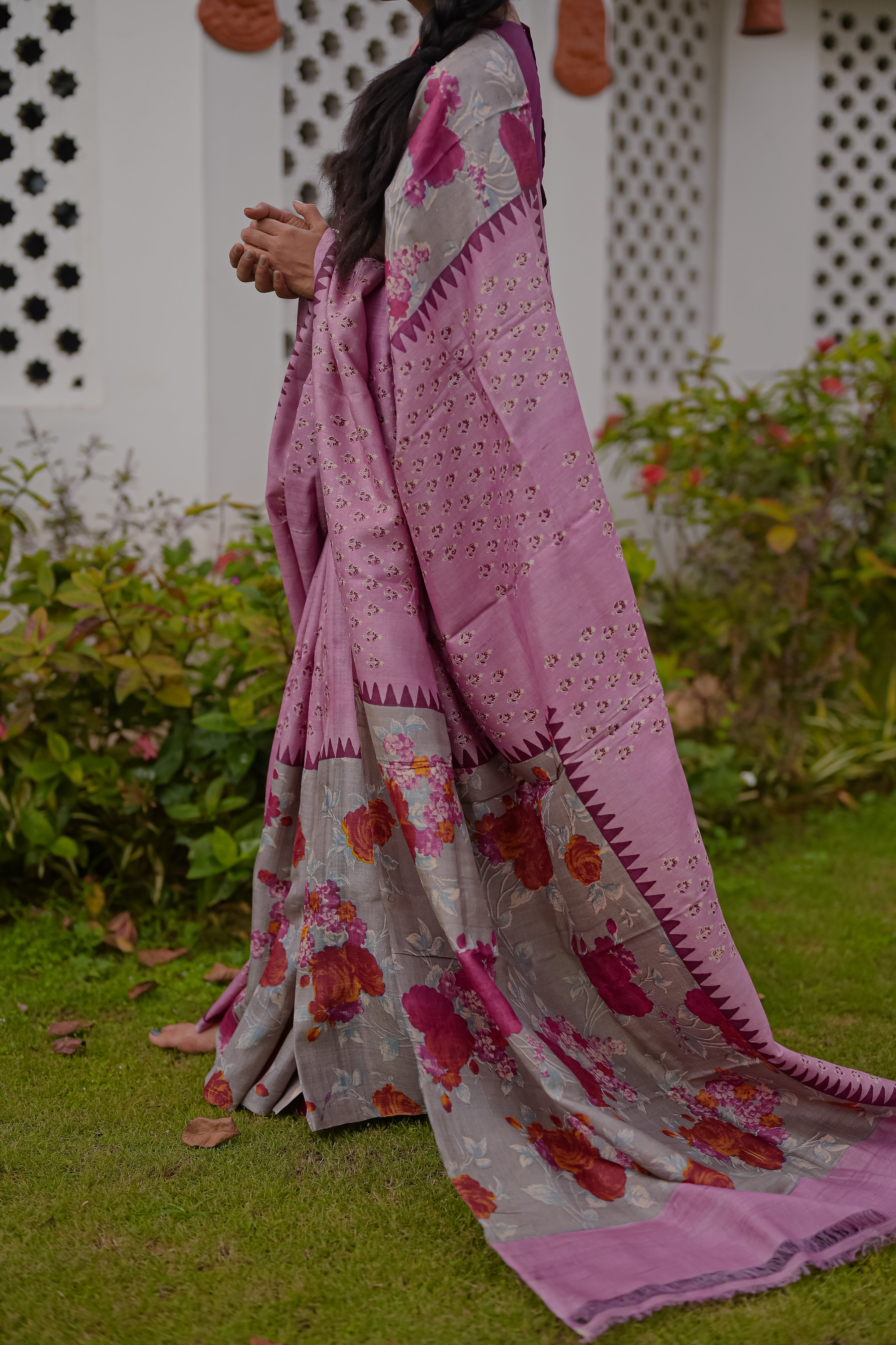 Pink floral Tussar Silk