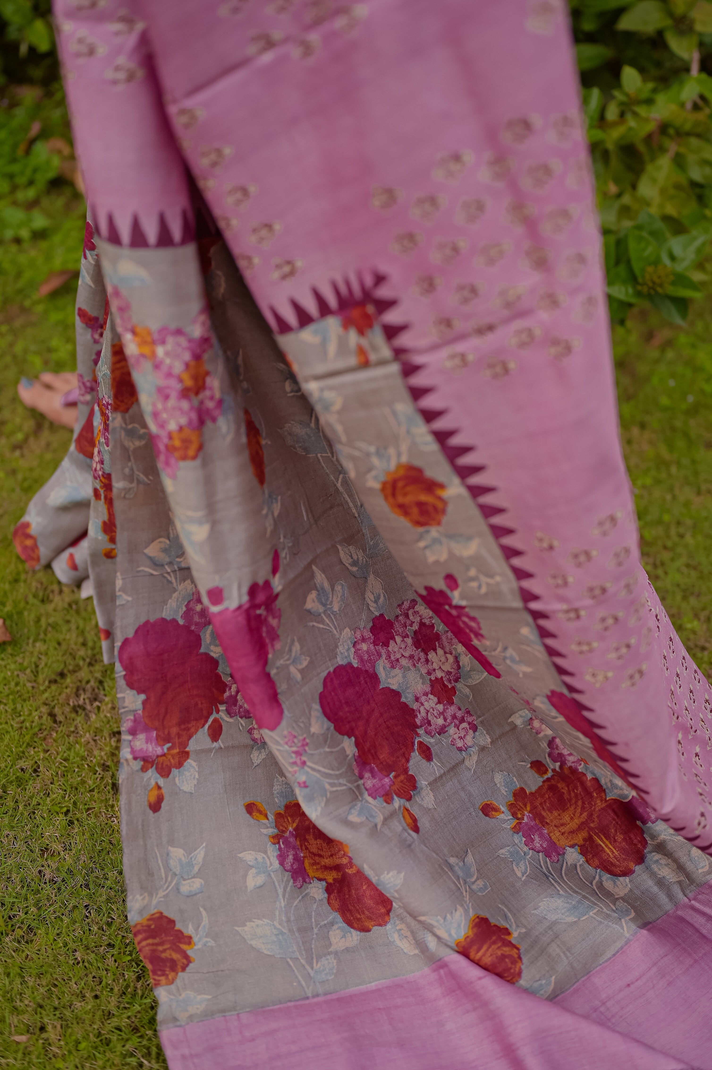 Pink floral Tussar Silk