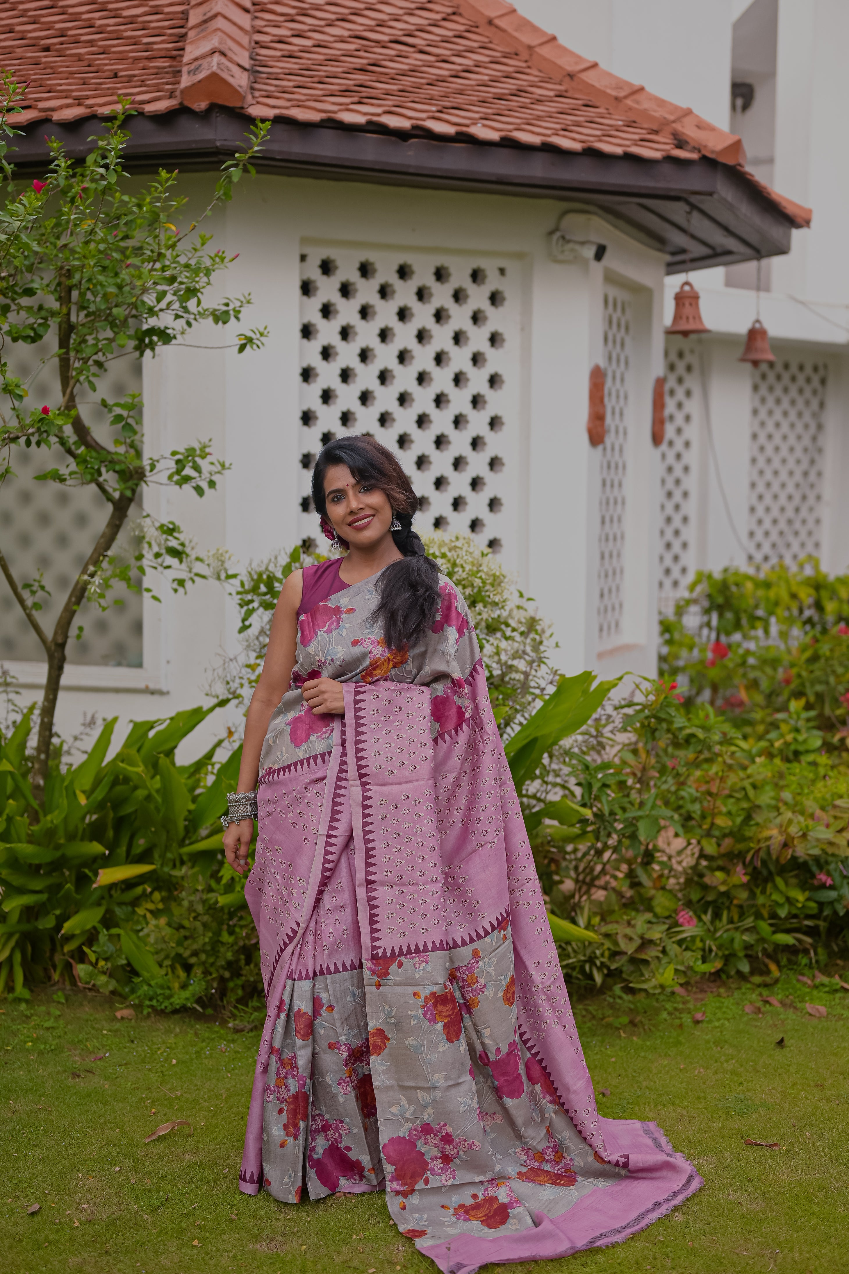 Pink floral Tussar Silk