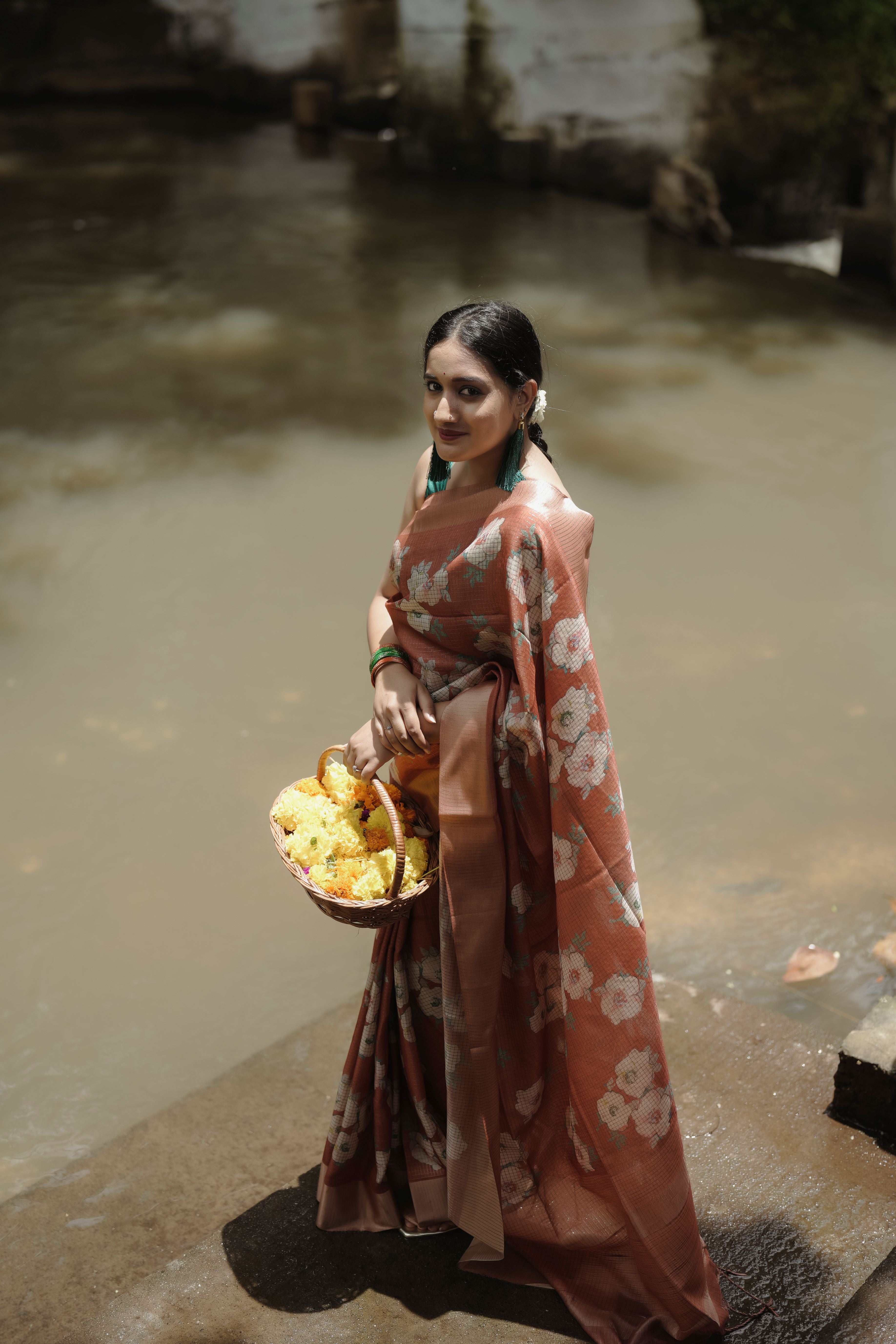 Brown Floral Sari