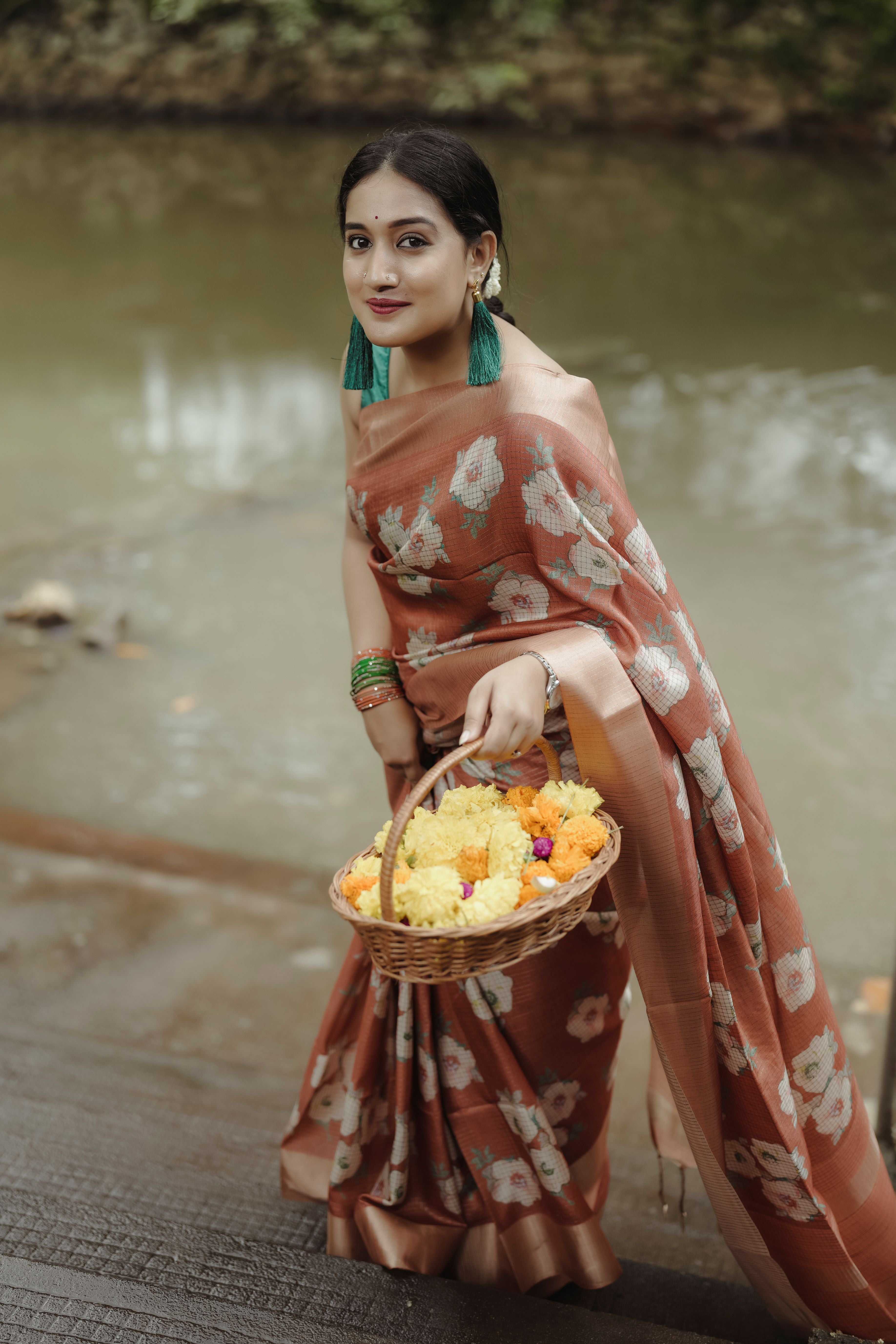 Brown Floral Sari